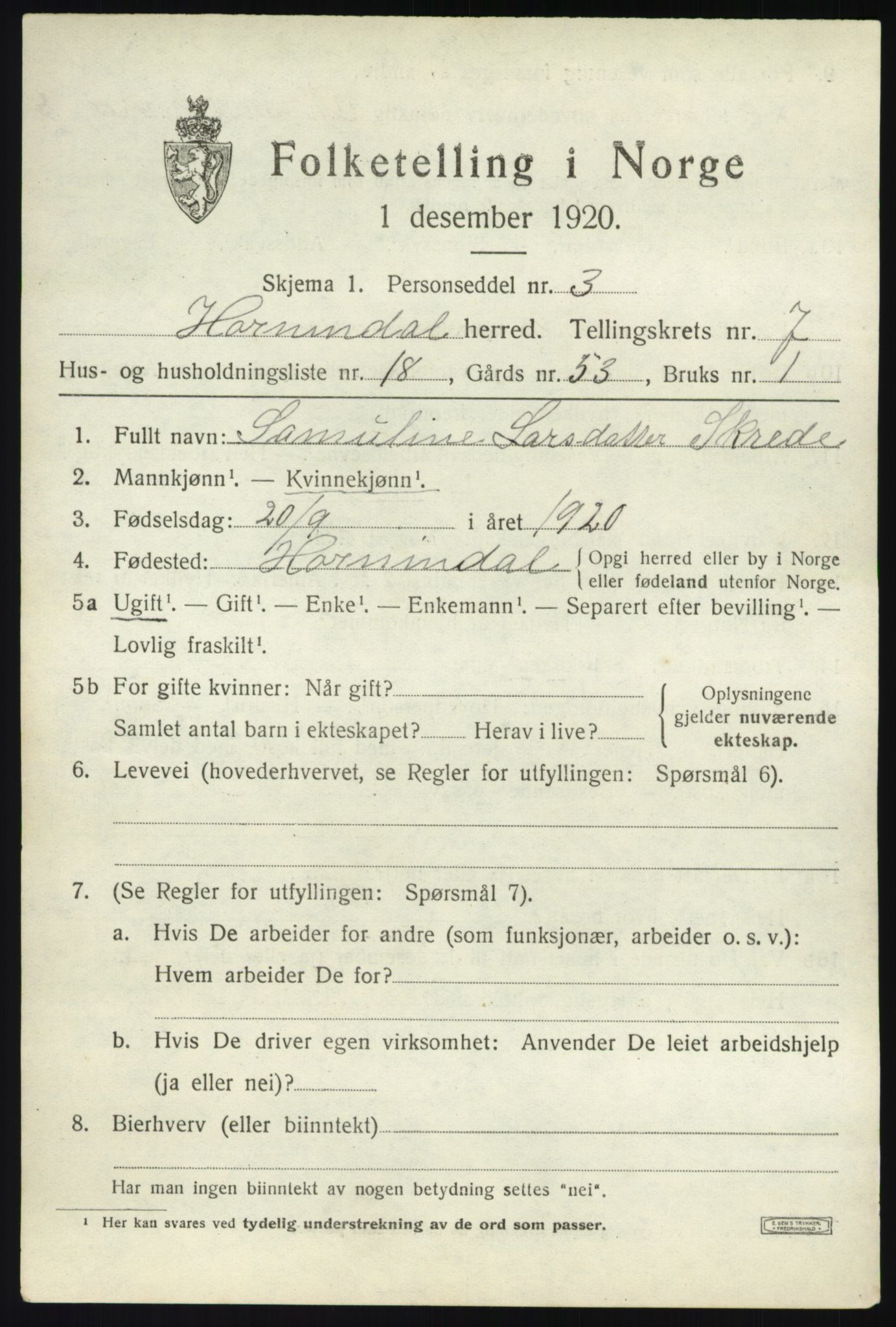 SAB, 1920 census for Hornindal, 1920, p. 3784