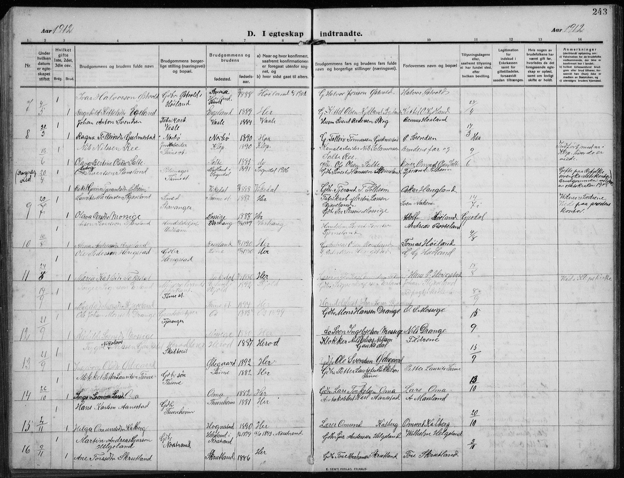 Time sokneprestkontor, AV/SAST-A-101795/001/30BB/L0001: Parish register (copy) no. B 1, 1910-1932, p. 243