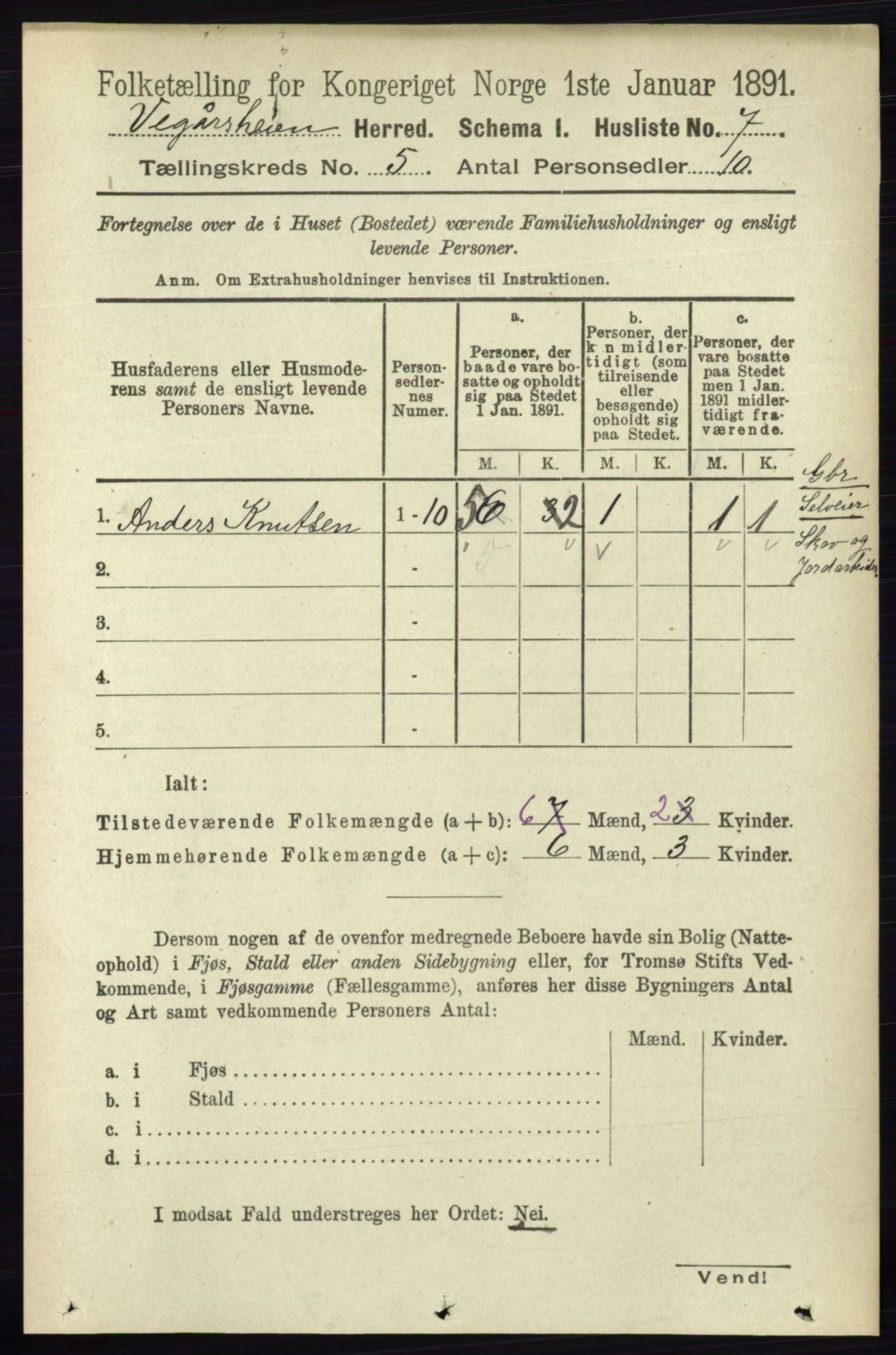 RA, 1891 census for 0912 Vegårshei, 1891, p. 949