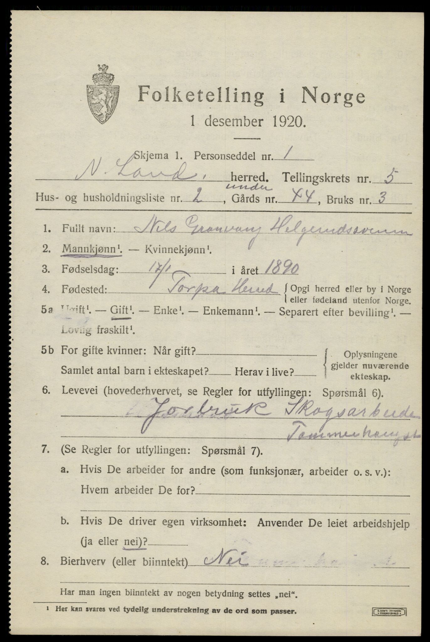 SAH, 1920 census for Nordre Land, 1920, p. 3710