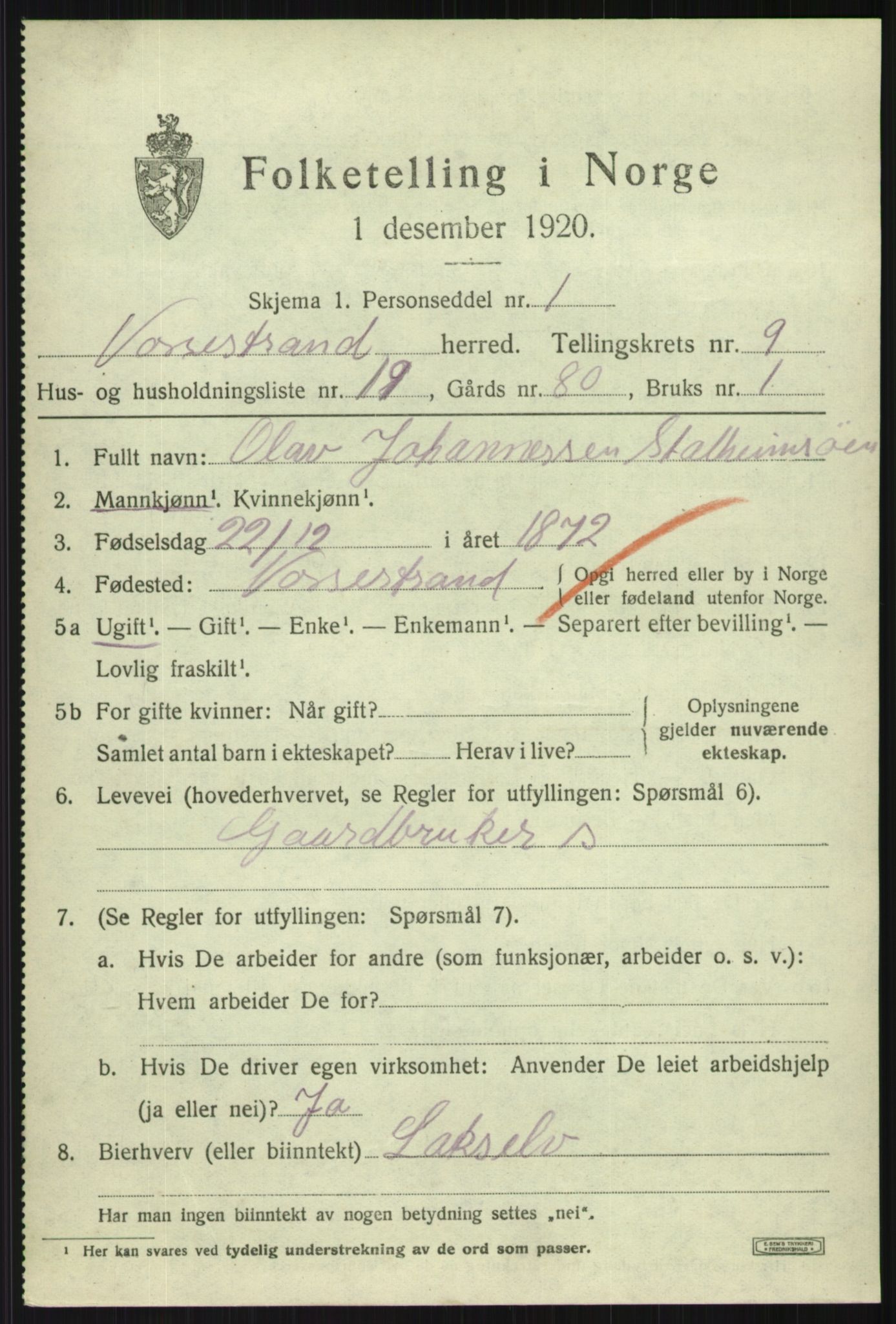 SAB, 1920 census for Vossestrand, 1920, p. 4070