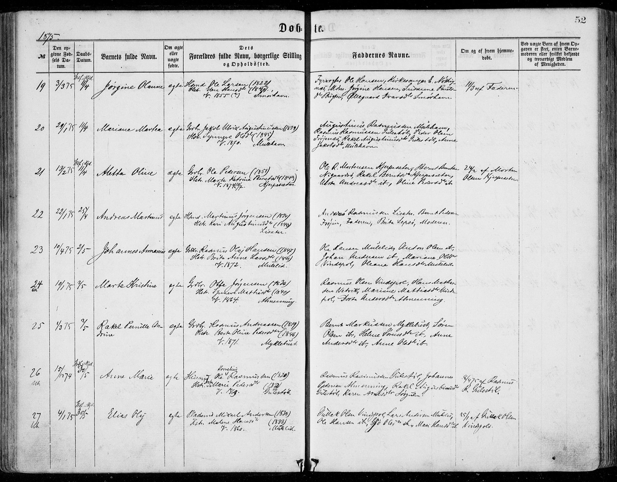 Bremanger sokneprestembete, AV/SAB-A-82201/H/Haa/Haaa/L0001: Parish register (official) no. A  1, 1864-1883, p. 52