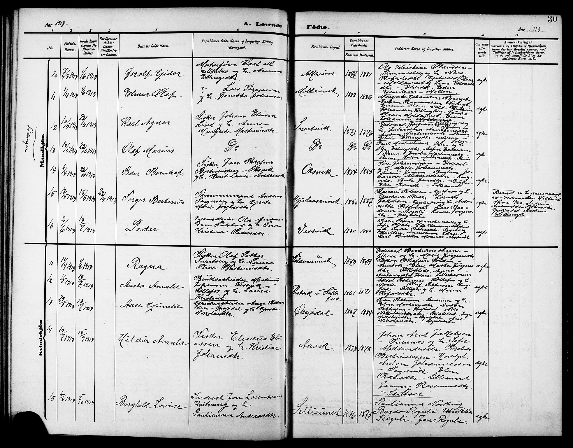 Ministerialprotokoller, klokkerbøker og fødselsregistre - Nord-Trøndelag, AV/SAT-A-1458/744/L0424: Parish register (copy) no. 744C03, 1906-1923, p. 30