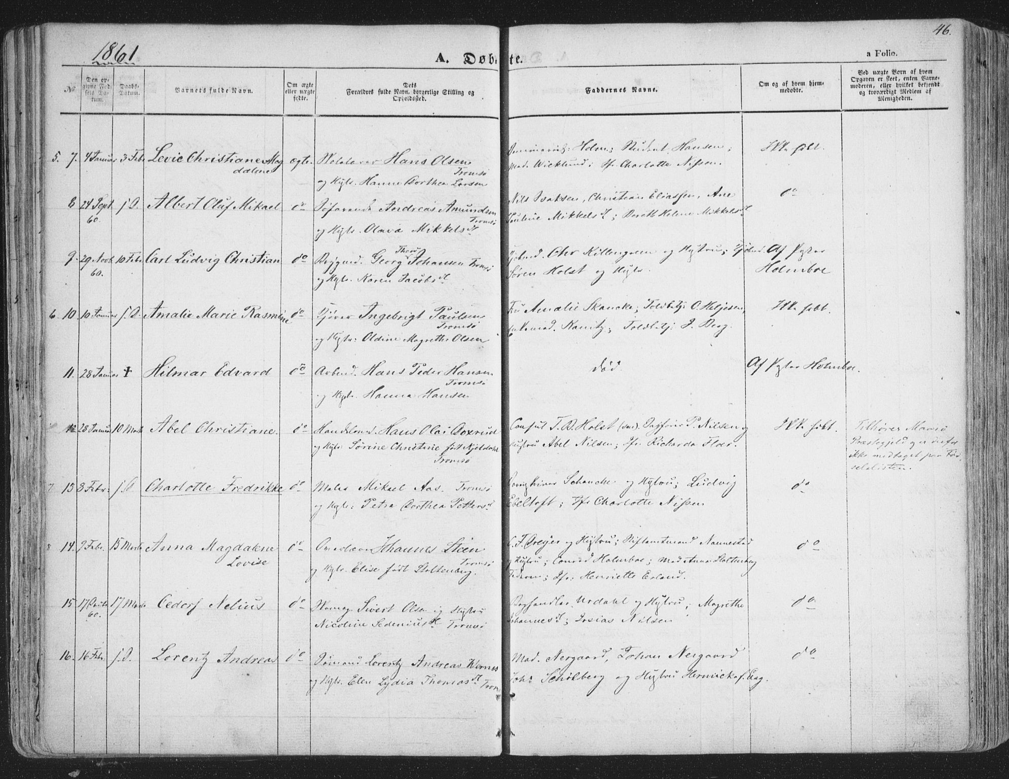 Tromsø sokneprestkontor/stiftsprosti/domprosti, AV/SATØ-S-1343/G/Ga/L0011kirke: Parish register (official) no. 11, 1856-1865, p. 46