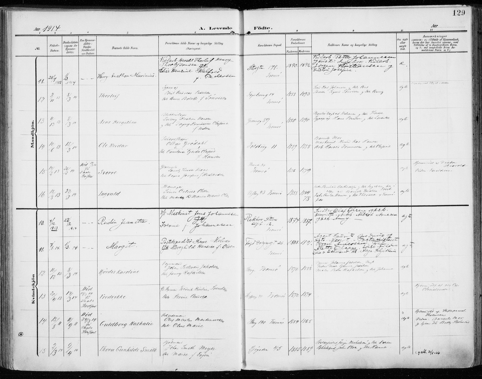 Tromsø sokneprestkontor/stiftsprosti/domprosti, AV/SATØ-S-1343/G/Ga/L0017kirke: Parish register (official) no. 17, 1907-1917, p. 129