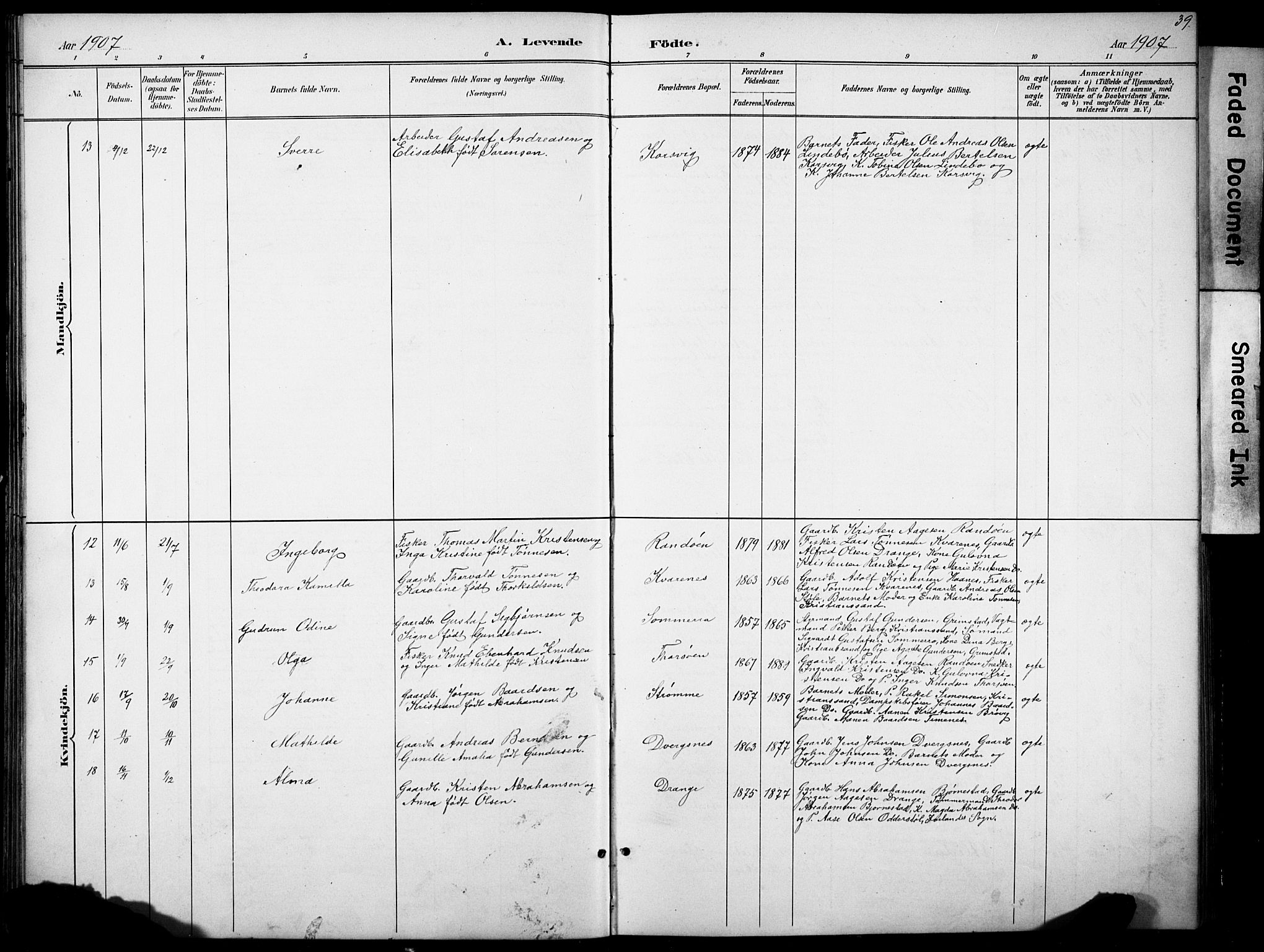 Oddernes sokneprestkontor, SAK/1111-0033/F/Fb/Fbb/L0002: Parish register (copy) no. B 2, 1889-1933, p. 39