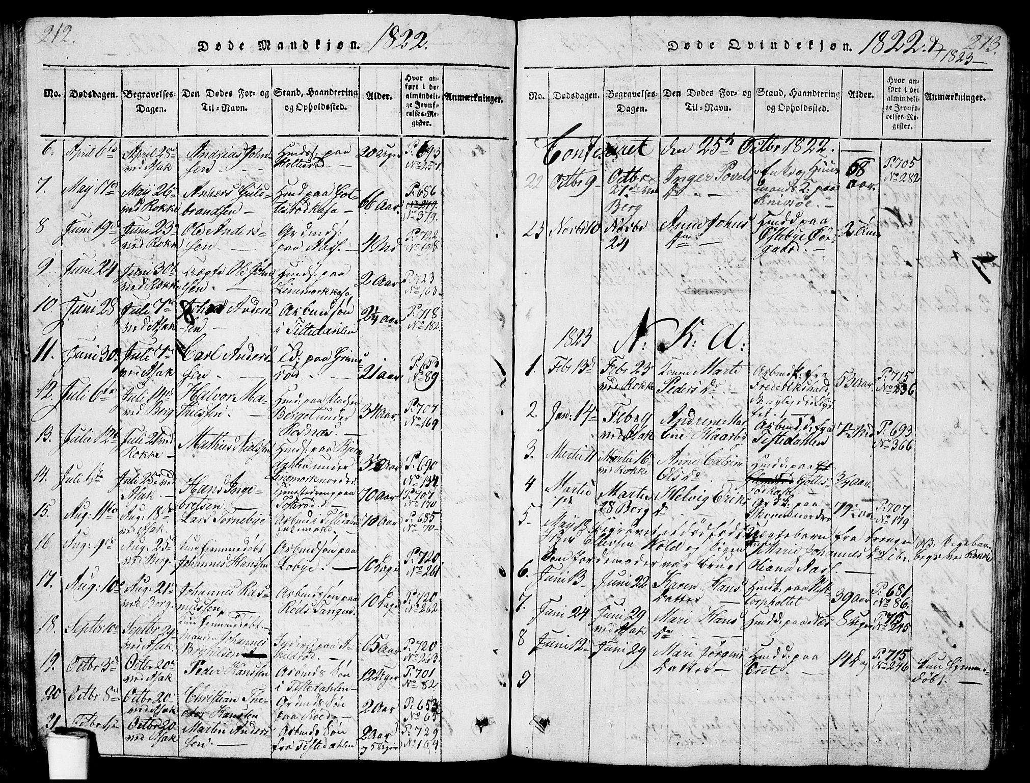 Berg prestekontor Kirkebøker, AV/SAO-A-10902/G/Ga/L0001: Parish register (copy) no. I 1, 1815-1832, p. 212-213