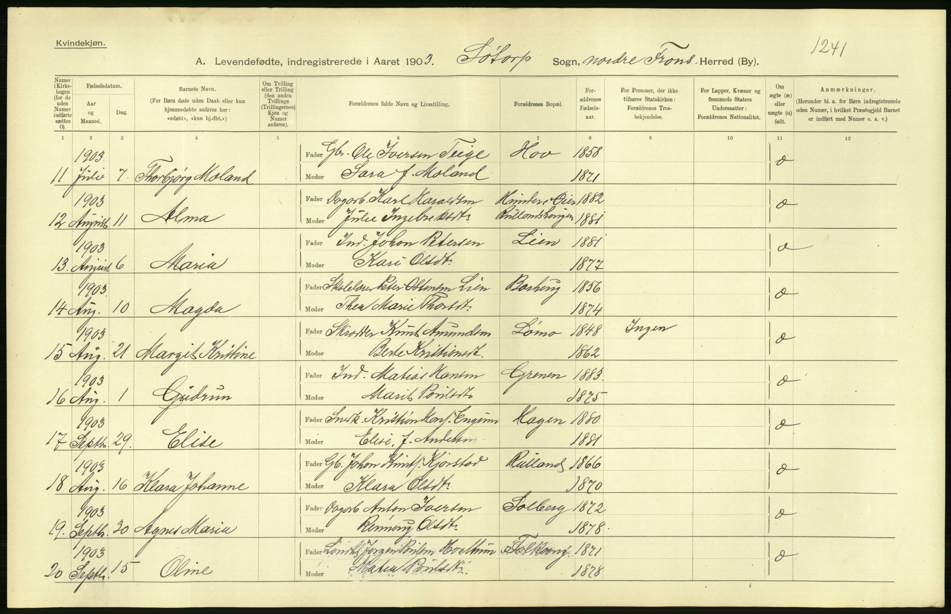 Statistisk sentralbyrå, Sosiodemografiske emner, Befolkning, AV/RA-S-2228/D/Df/Dfa/Dfaa/L0006: Kristians amt: Fødte, gifte, døde, 1903, p. 50