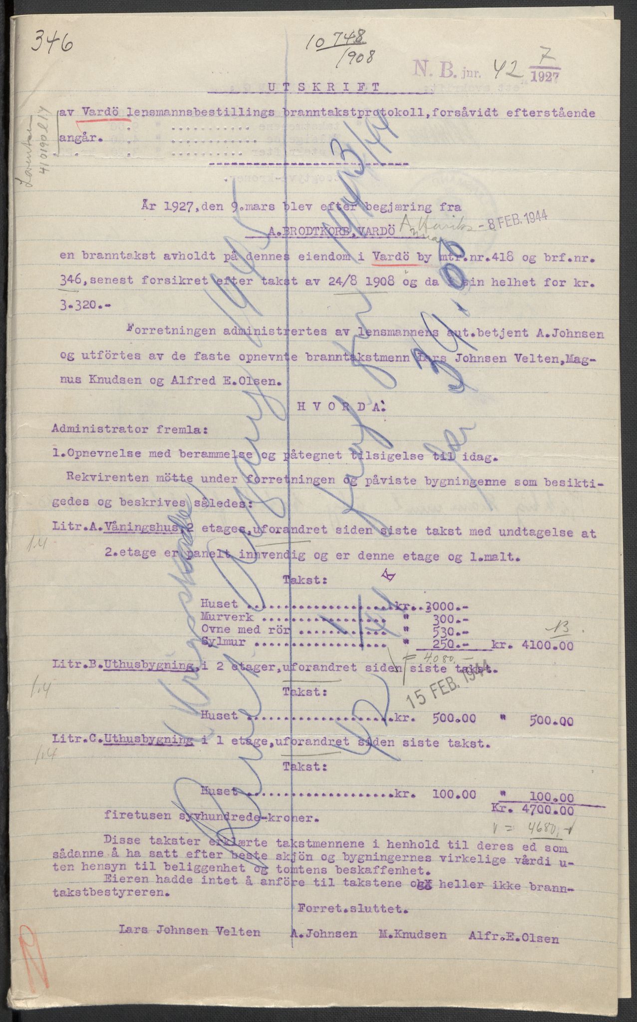 Norges Brannkasse, AV/RA-S-1549/E/Eu/L0018: Branntakster for Vardø by, 1884-1955, p. 281