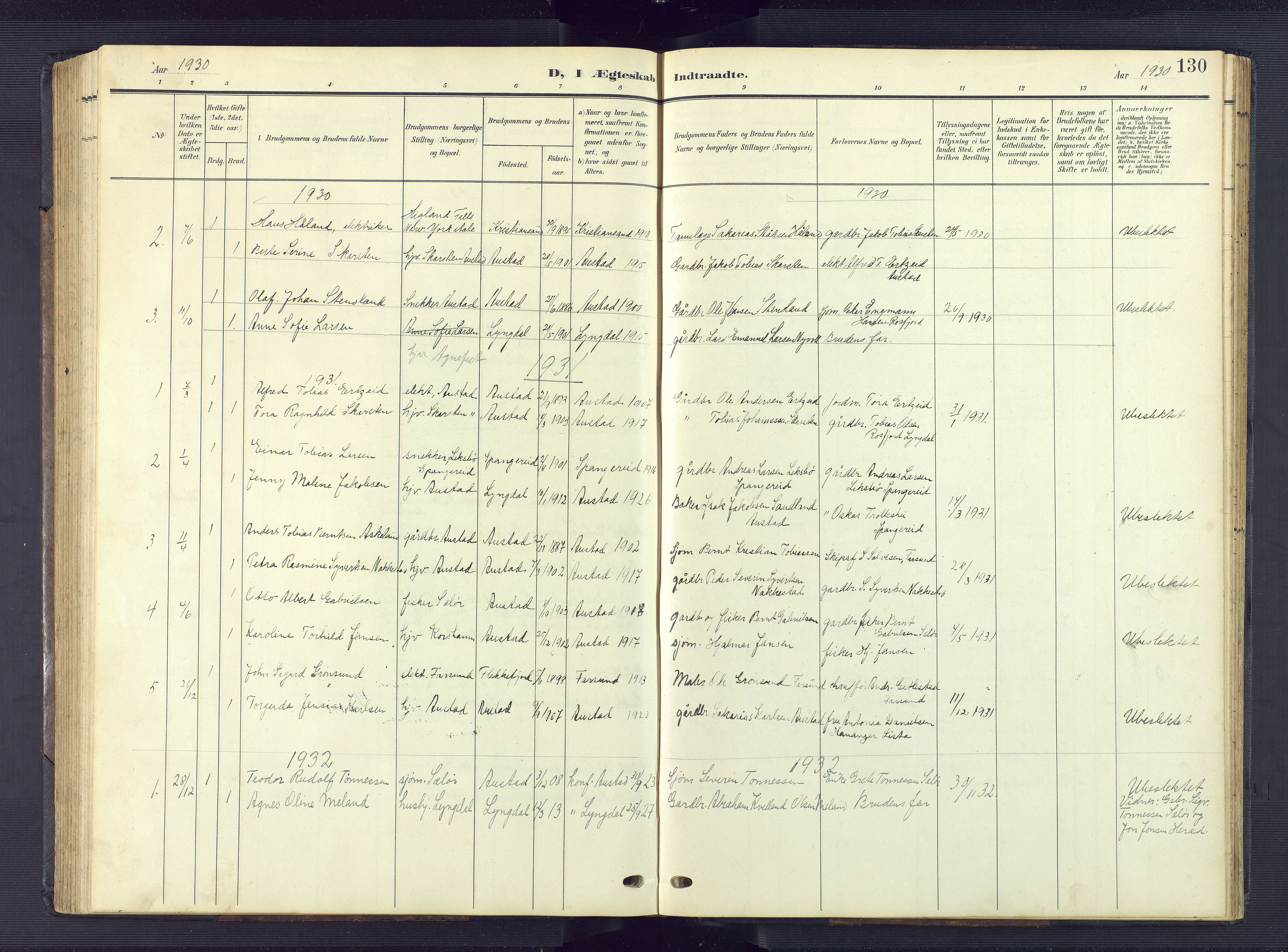 Lyngdal sokneprestkontor, AV/SAK-1111-0029/F/Fb/Fba/L0004: Parish register (copy) no. B 4, 1904-1950, p. 130