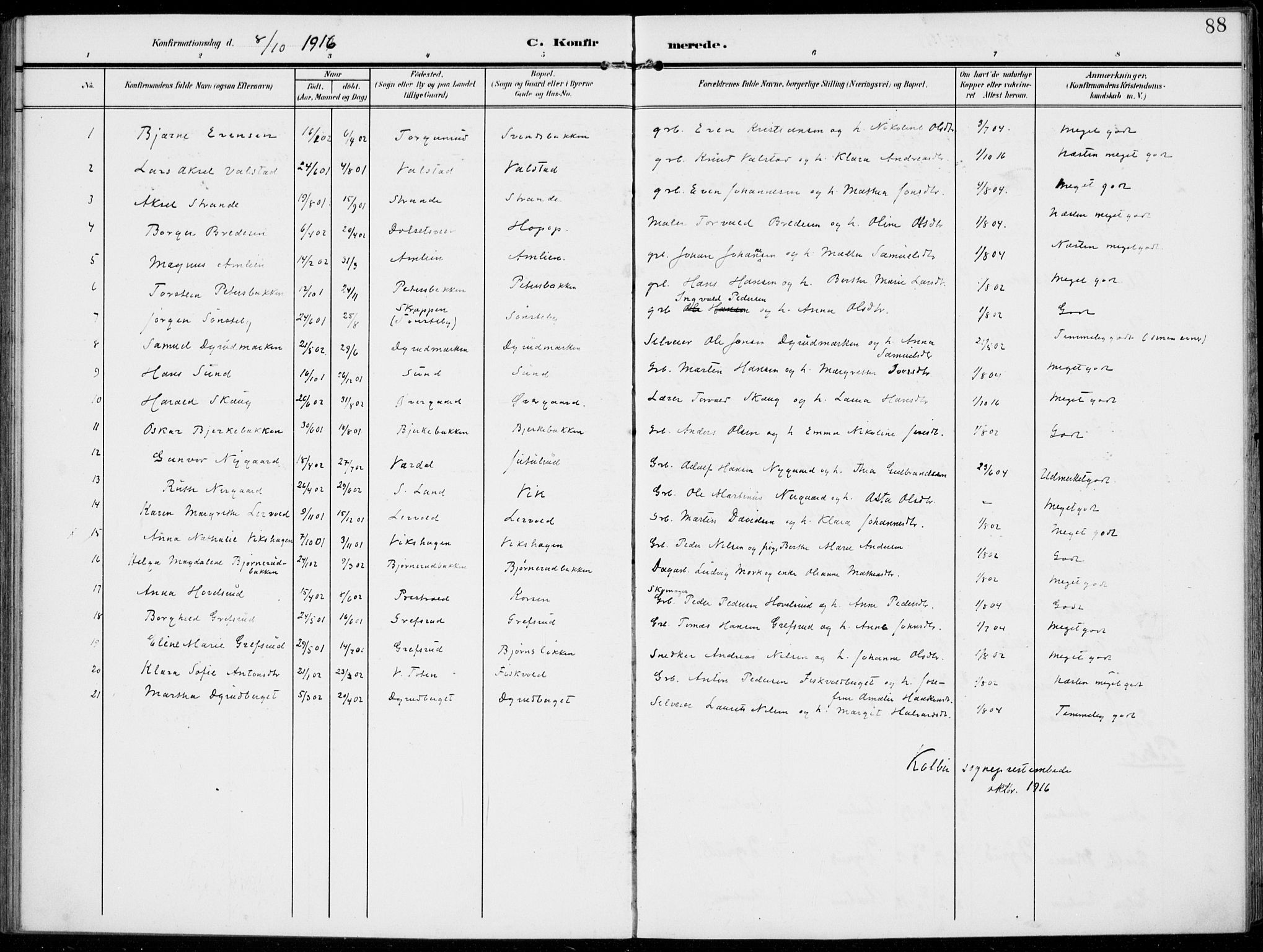 Kolbu prestekontor, SAH/PREST-110/H/Ha/Haa/L0001: Parish register (official) no. 1, 1907-1923, p. 88