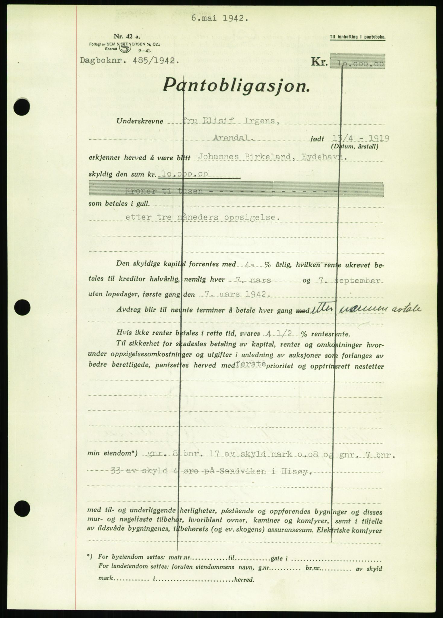 Nedenes sorenskriveri, AV/SAK-1221-0006/G/Gb/Gbb/L0002: Mortgage book no. II, 1942-1945, Diary no: : 485/1942