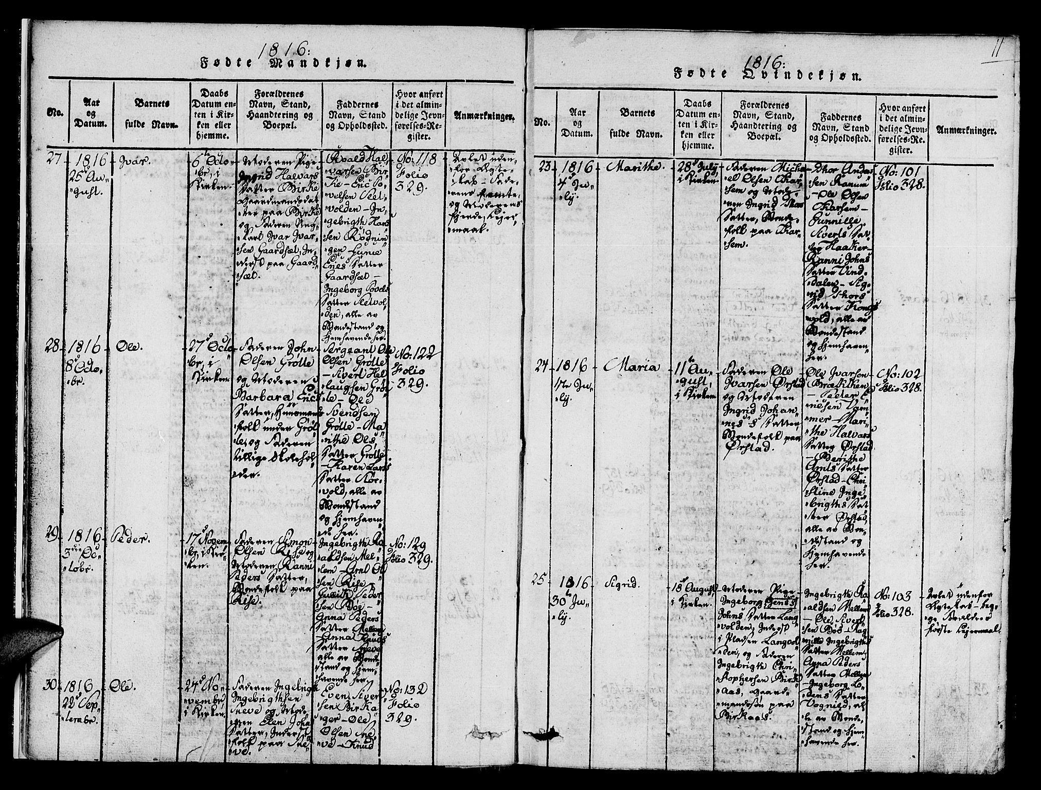 Ministerialprotokoller, klokkerbøker og fødselsregistre - Sør-Trøndelag, AV/SAT-A-1456/678/L0895: Parish register (official) no. 678A05 /1, 1816-1821, p. 11