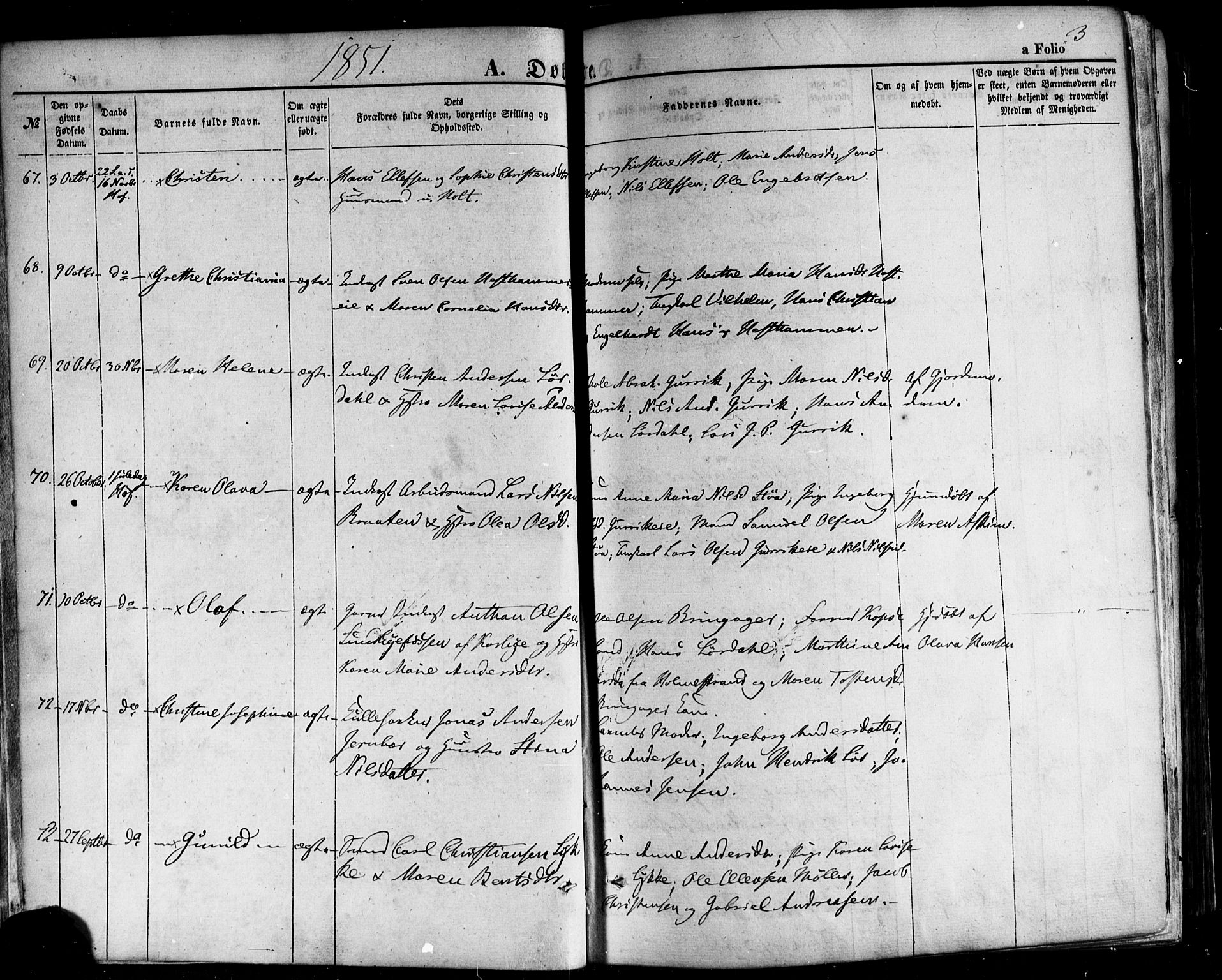 Hof kirkebøker, AV/SAKO-A-64/F/Fa/L0006: Parish register (official) no. I 6, 1851-1877, p. 3