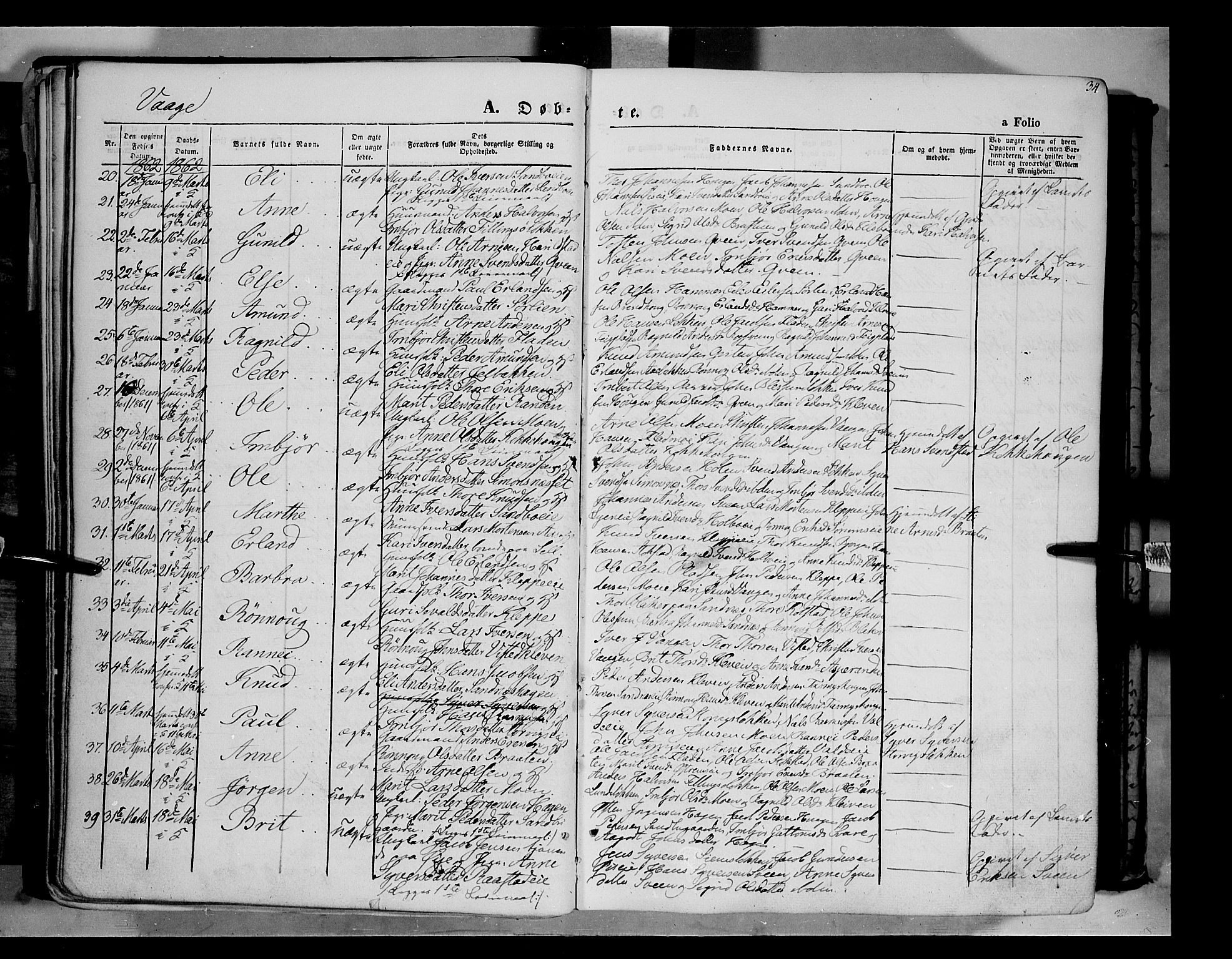 Vågå prestekontor, SAH/PREST-076/H/Ha/Haa/L0006: Parish register (official) no. 6 /1, 1856-1872, p. 34