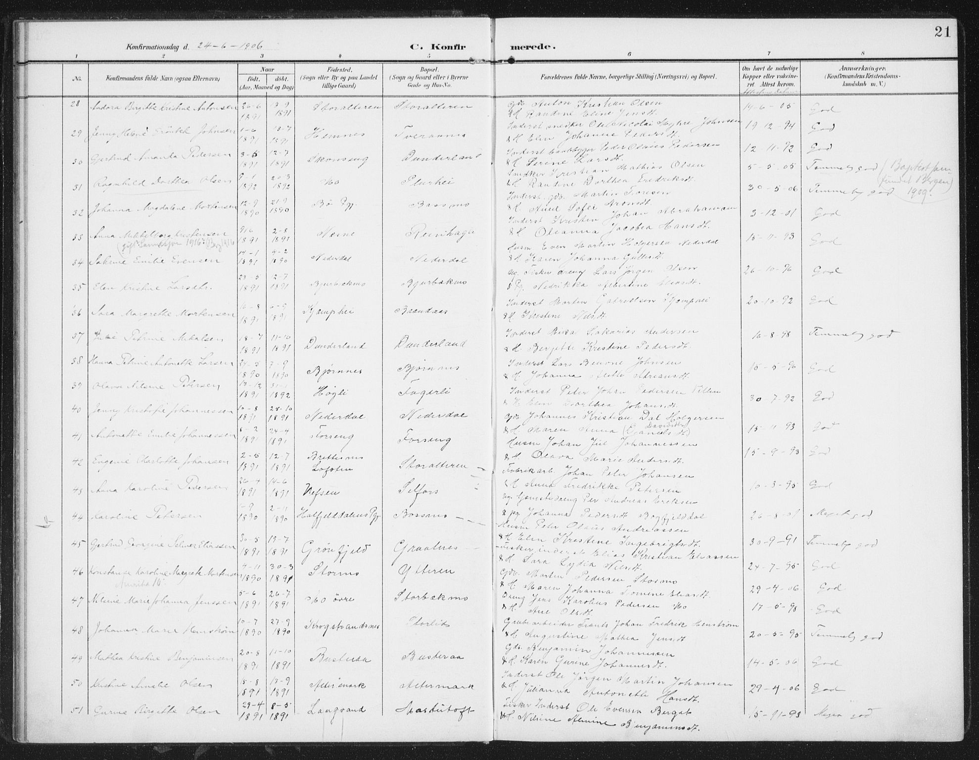 Ministerialprotokoller, klokkerbøker og fødselsregistre - Nordland, AV/SAT-A-1459/827/L0403: Parish register (official) no. 827A15, 1903-1912, p. 21