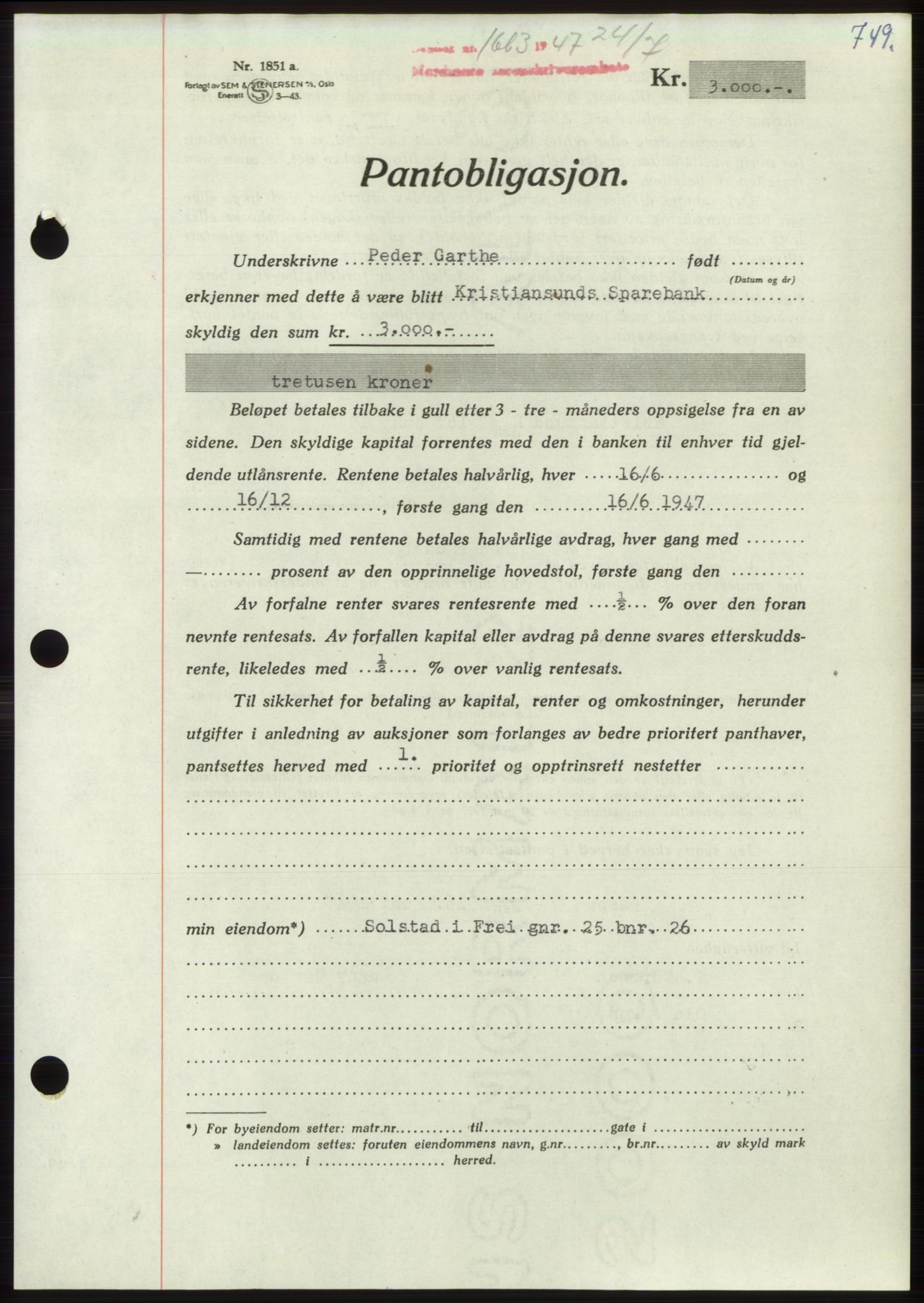 Nordmøre sorenskriveri, AV/SAT-A-4132/1/2/2Ca: Mortgage book no. B96, 1947-1947, Diary no: : 1663/1947