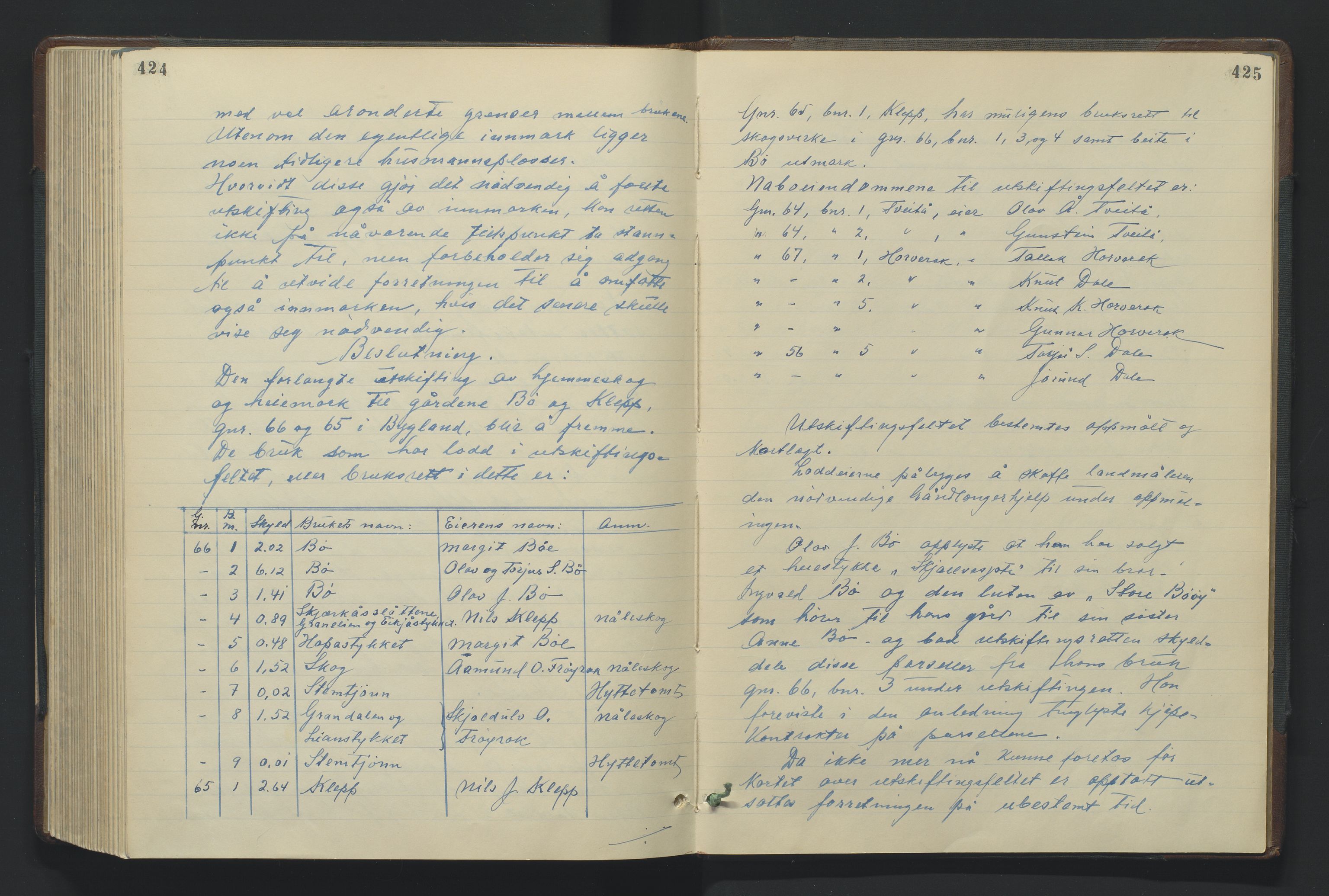 Utskiftningsformannen i Nedenes amt, AV/SAK-1541-0002/F/Fa/Fac/L0012: Jordskifteprotokoll med register, Setesdal domssokn nr 13, 1941-1948, p. 424-425