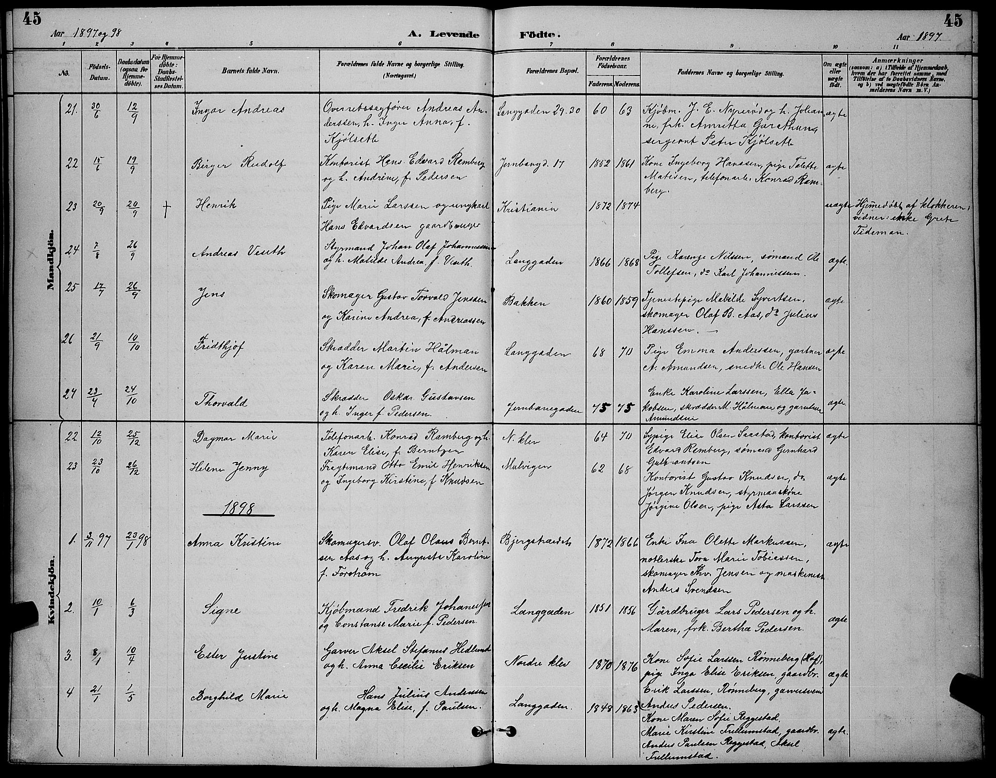 Holmestrand kirkebøker, AV/SAKO-A-346/G/Ga/L0005: Parish register (copy) no. 5, 1889-1901, p. 45