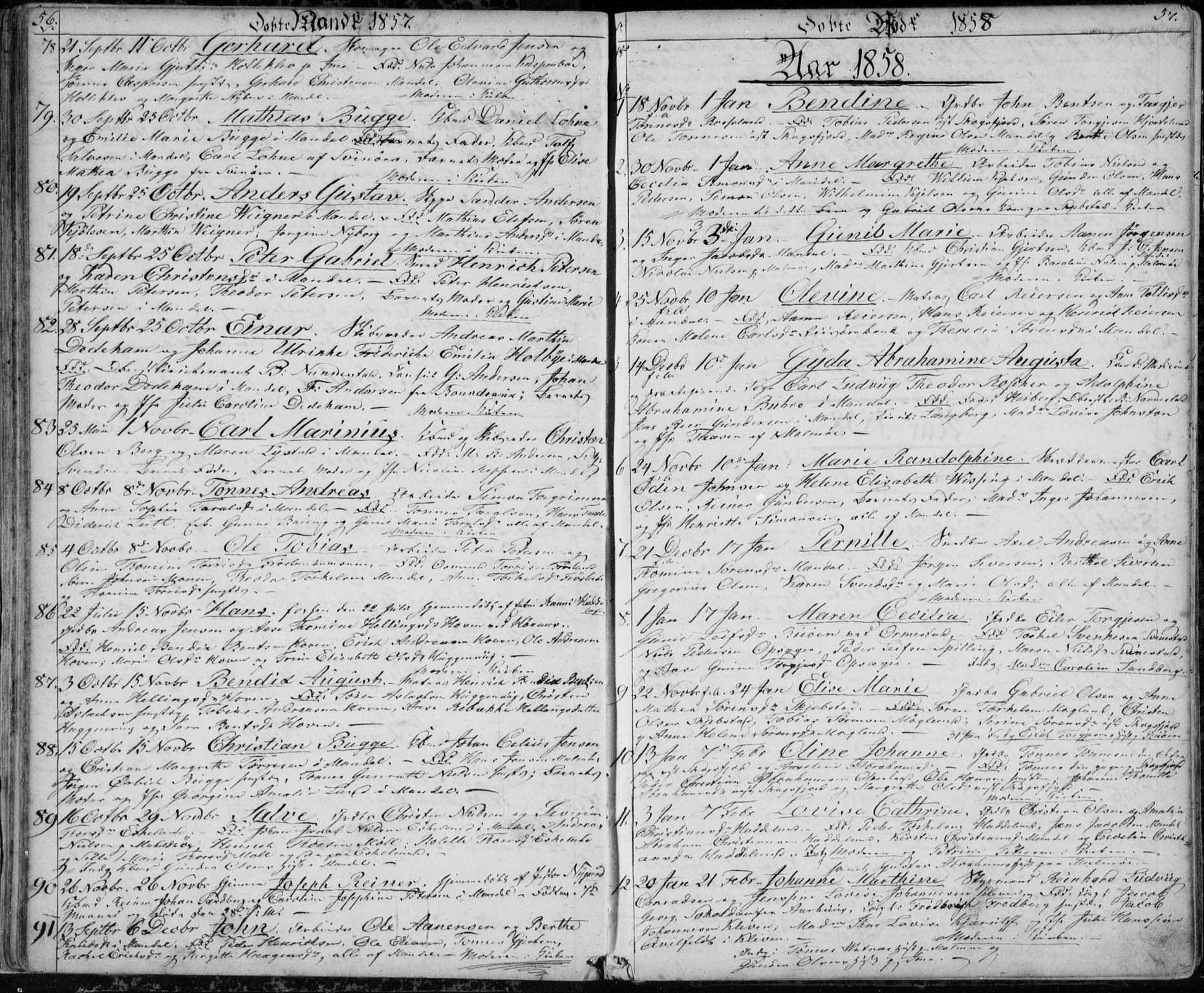 Mandal sokneprestkontor, AV/SAK-1111-0030/F/Fb/Fba/L0008: Parish register (copy) no. B 2, 1854-1868, p. 56-57