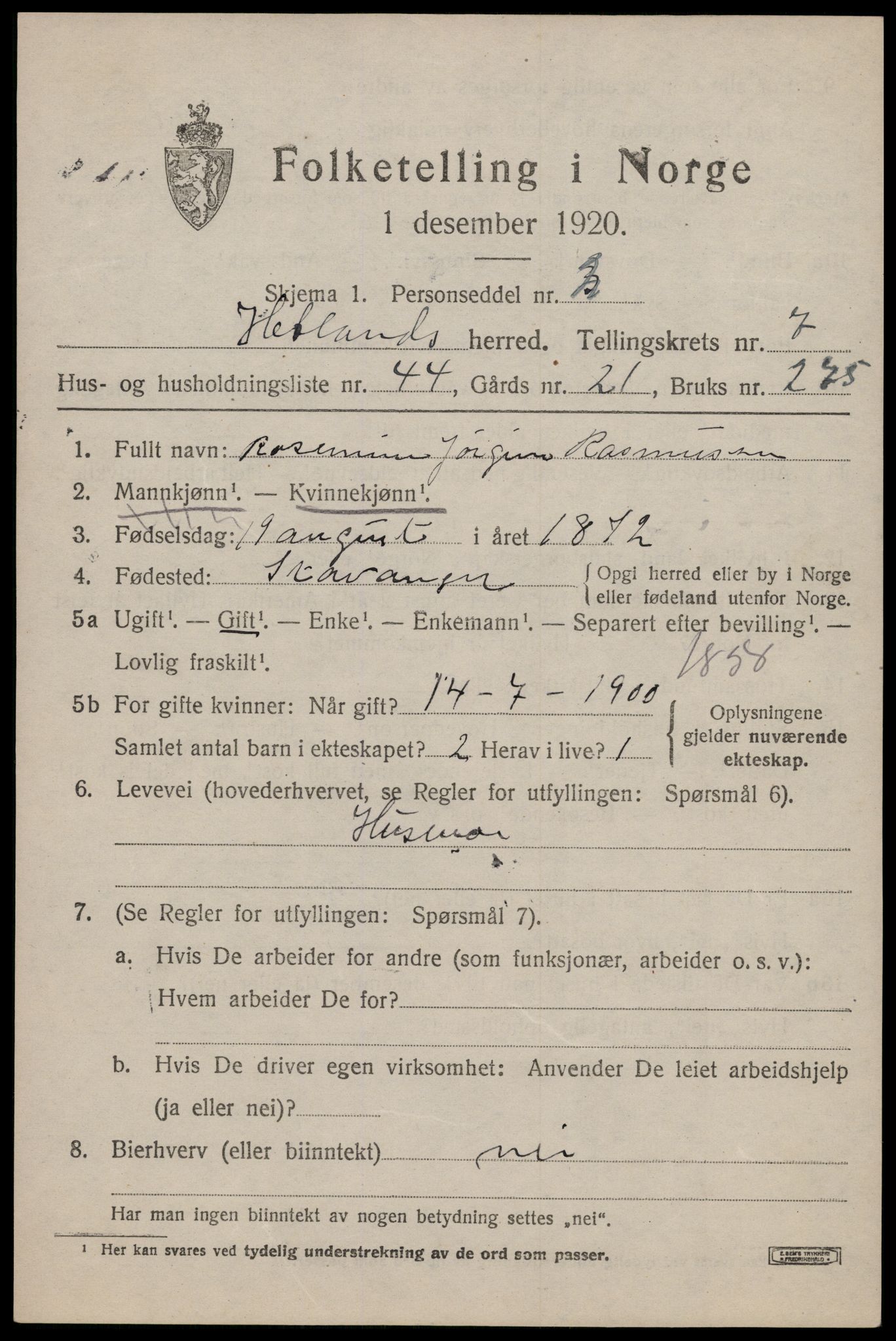 SAST, 1920 census for Hetland, 1920, p. 14457