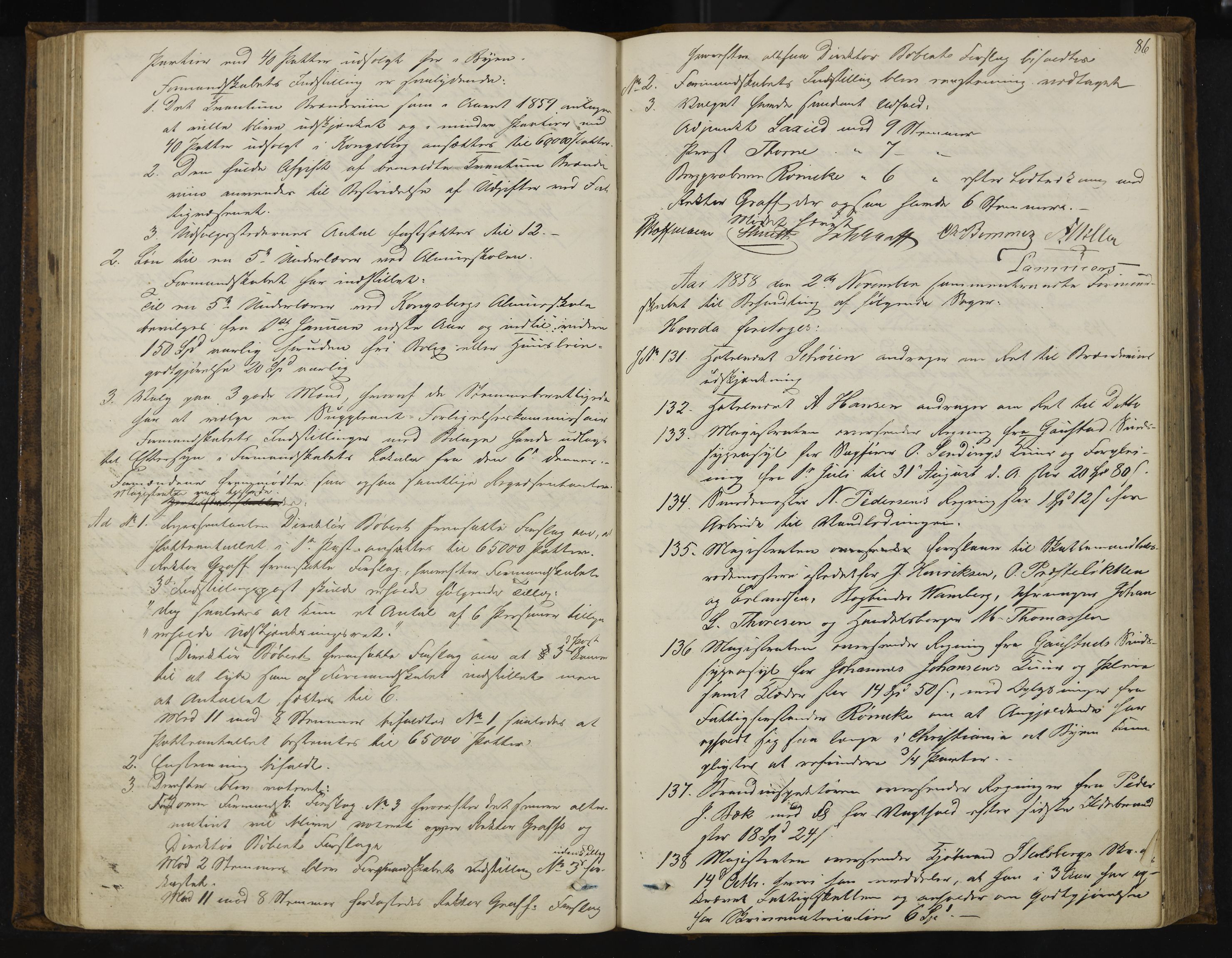 Kongsberg formannskap og sentraladministrasjon, IKAK/0604021-1/A/L0003: Møtebok med register, 1856-1861, p. 86