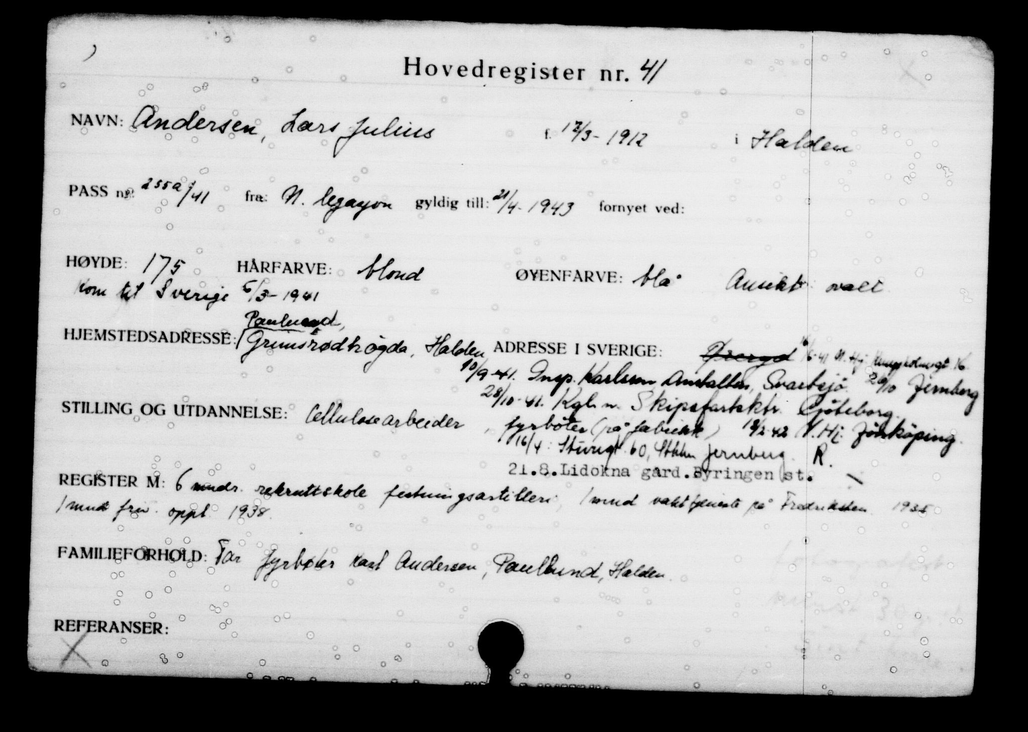 Utenriksstasjonene, Legasjonen i Stockholm, Flyktningkontoret, AV/RA-S-6753/V/Va/L0001: Kjesäterkartoteket, flyktninger med registreringsnr. 1-1000, 1940-1945, p. 69