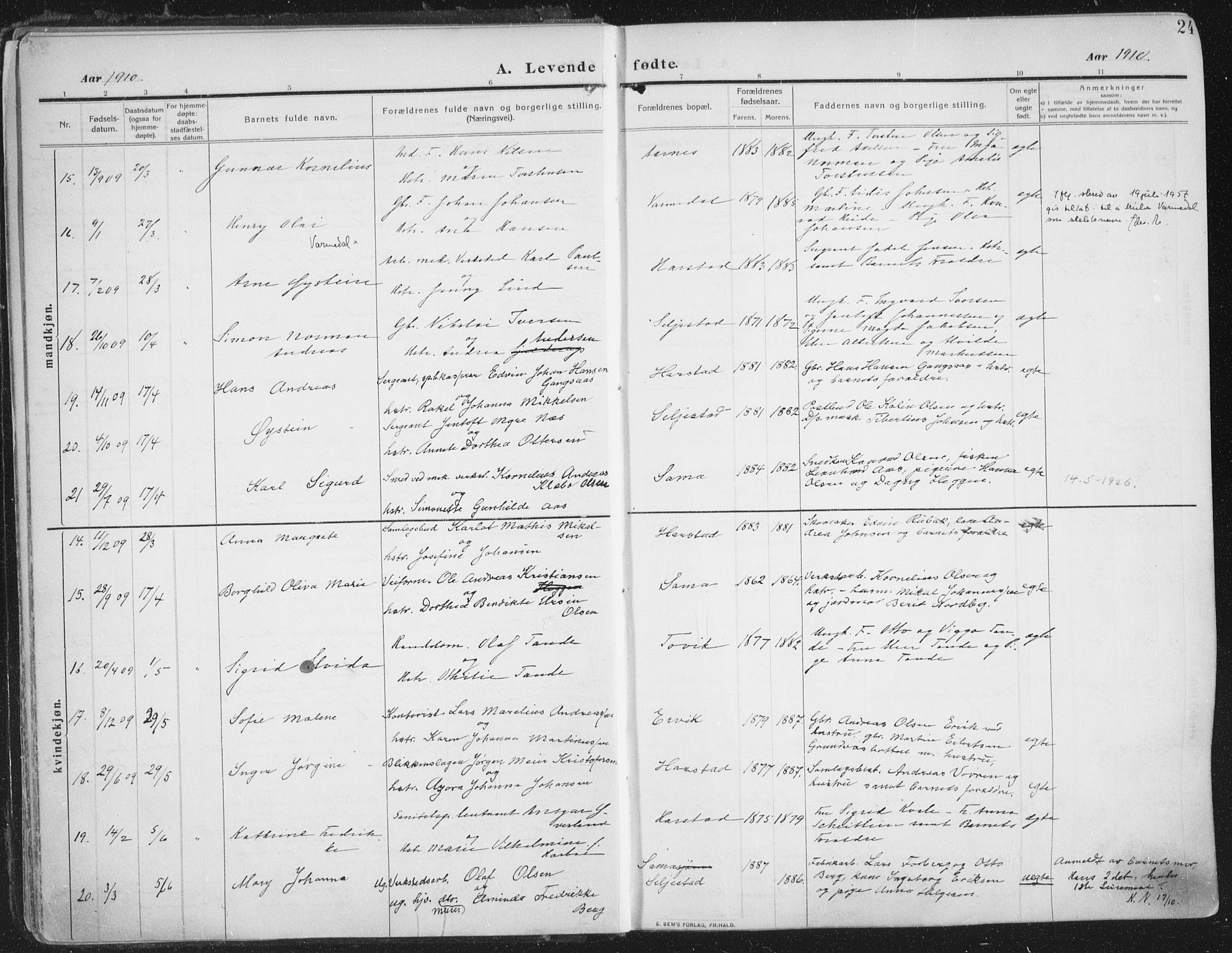 Trondenes sokneprestkontor, SATØ/S-1319/H/Ha/L0018kirke: Parish register (official) no. 18, 1909-1918, p. 24