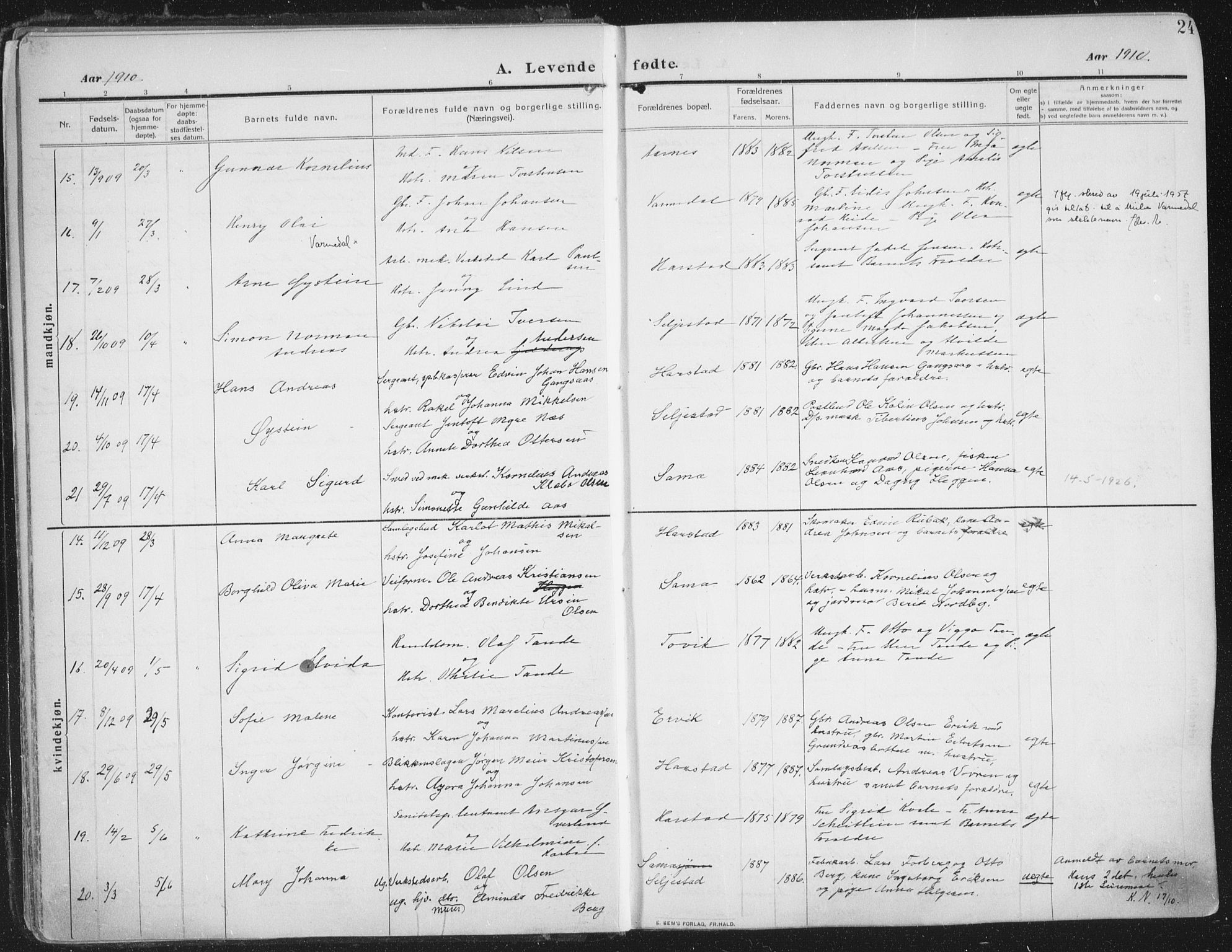 Trondenes sokneprestkontor, AV/SATØ-S-1319/H/Ha/L0018kirke: Parish register (official) no. 18, 1909-1918, p. 24