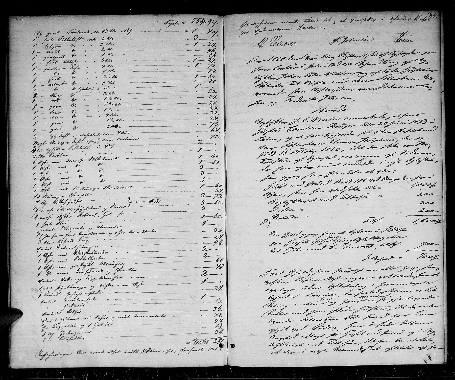Grimstad byfogd, AV/SAK-1222-0003/H/Hc/L0002: Skifteprotokoll nr. 2  m/ register, 1854-1860, p. 185b-186a
