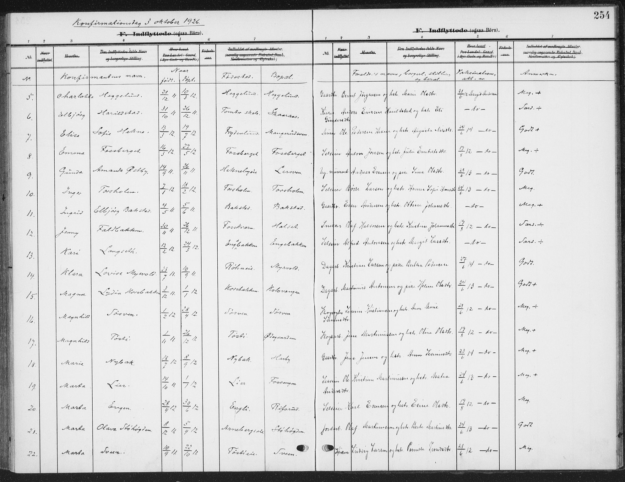 Romedal prestekontor, AV/SAH-PREST-004/K/L0009: Parish register (official) no. 9, 1906-1929, p. 254