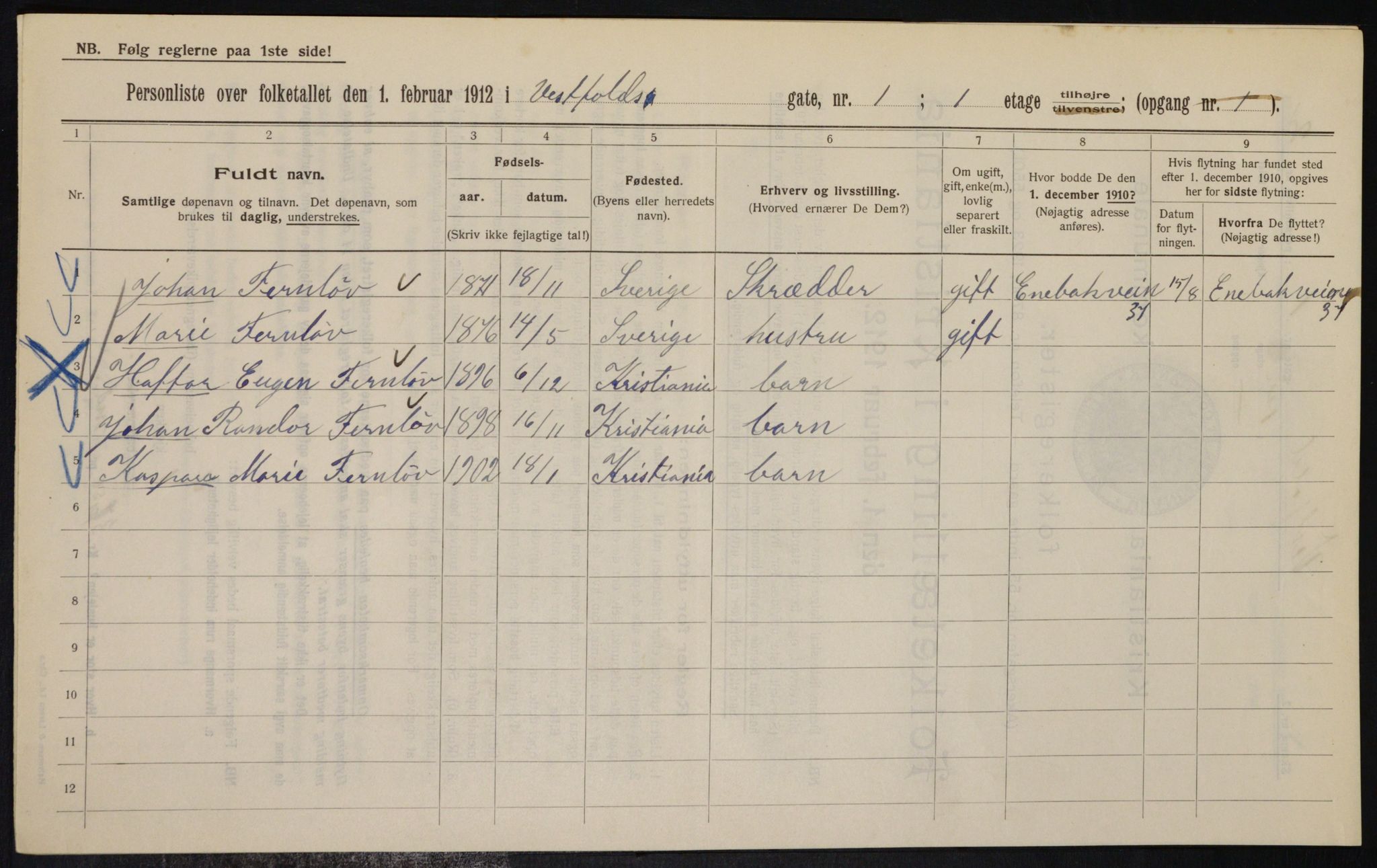 OBA, Municipal Census 1912 for Kristiania, 1912, p. 122315