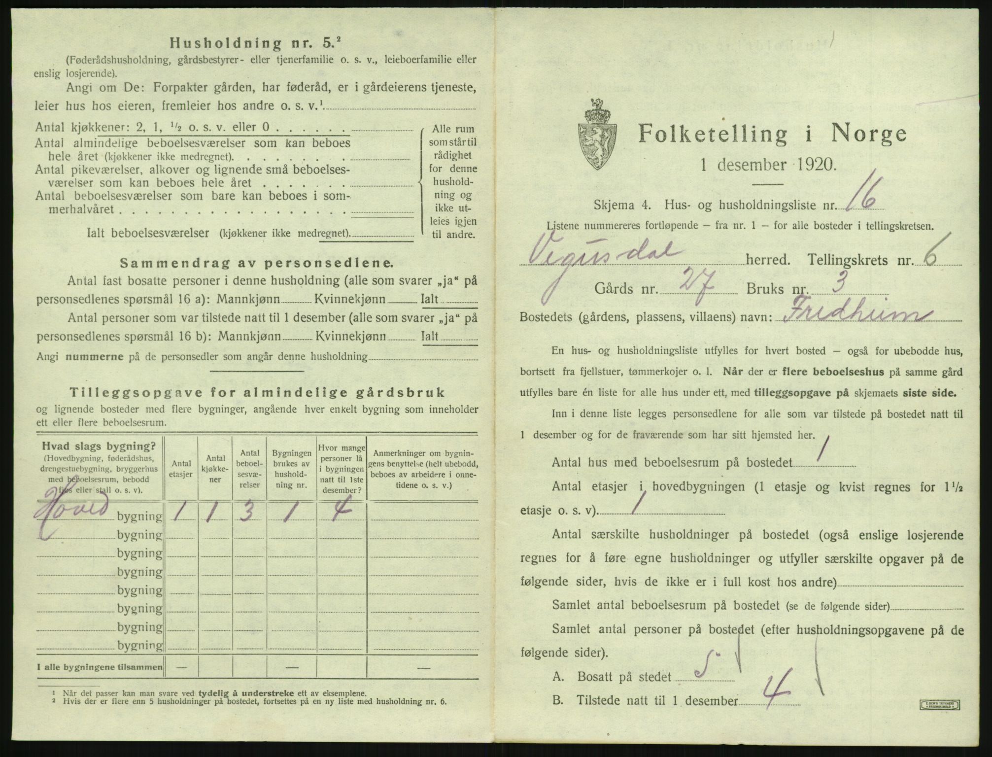 SAK, 1920 census for Vegusdal, 1920, p. 267