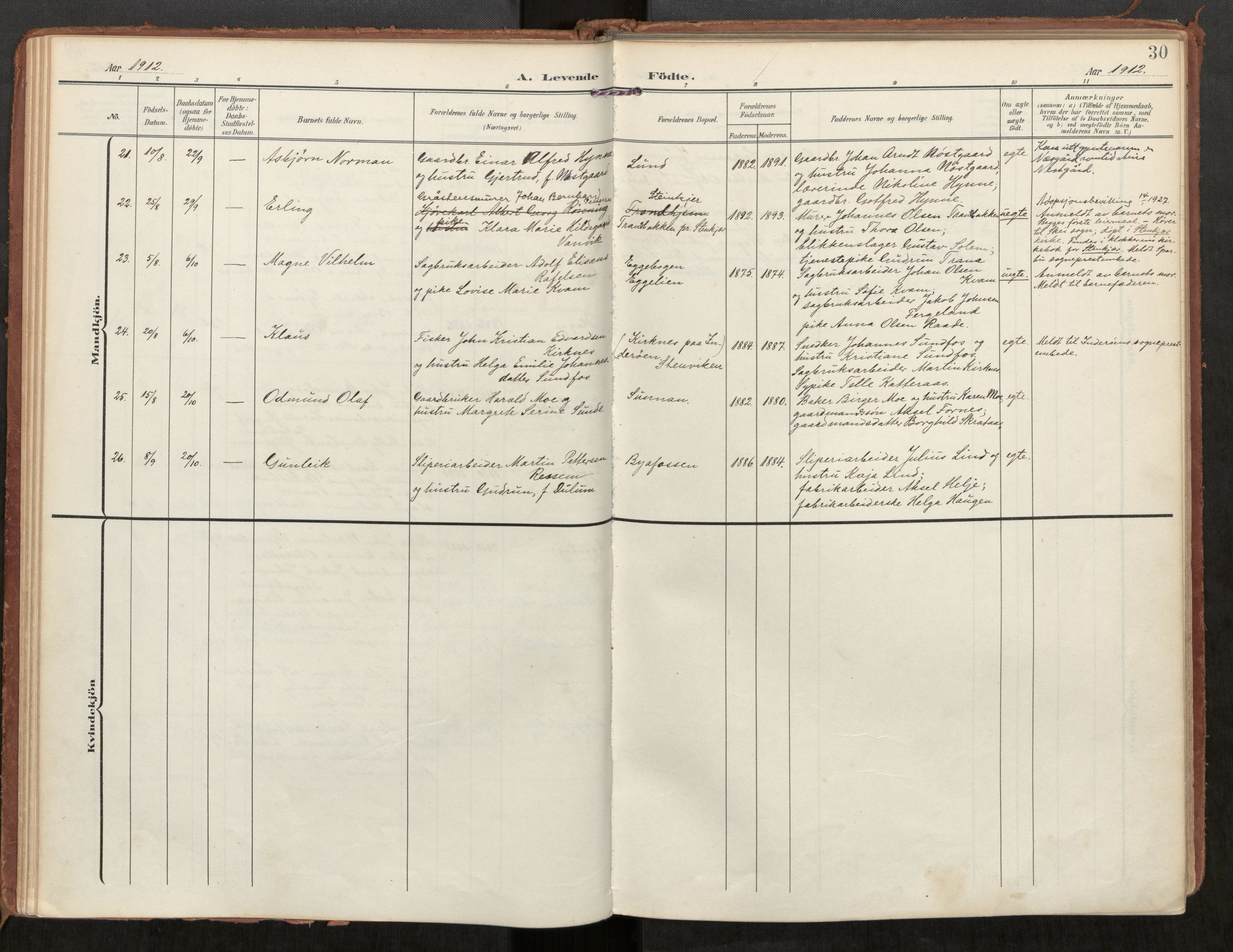 Steinkjer sokneprestkontor, AV/SAT-A-1541/01/H/Ha/Haa/L0002: Parish register (official) no. 2, 1907-1917, p. 30