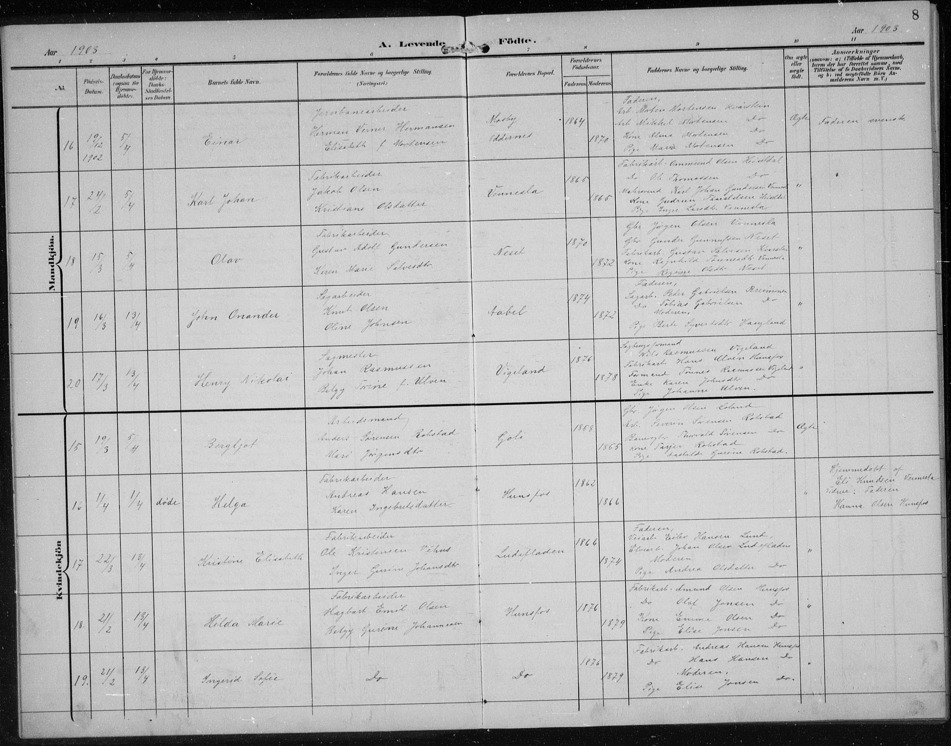 Vennesla sokneprestkontor, AV/SAK-1111-0045/Fb/Fbb/L0005: Parish register (copy) no. B 5, 1903-1913, p. 8