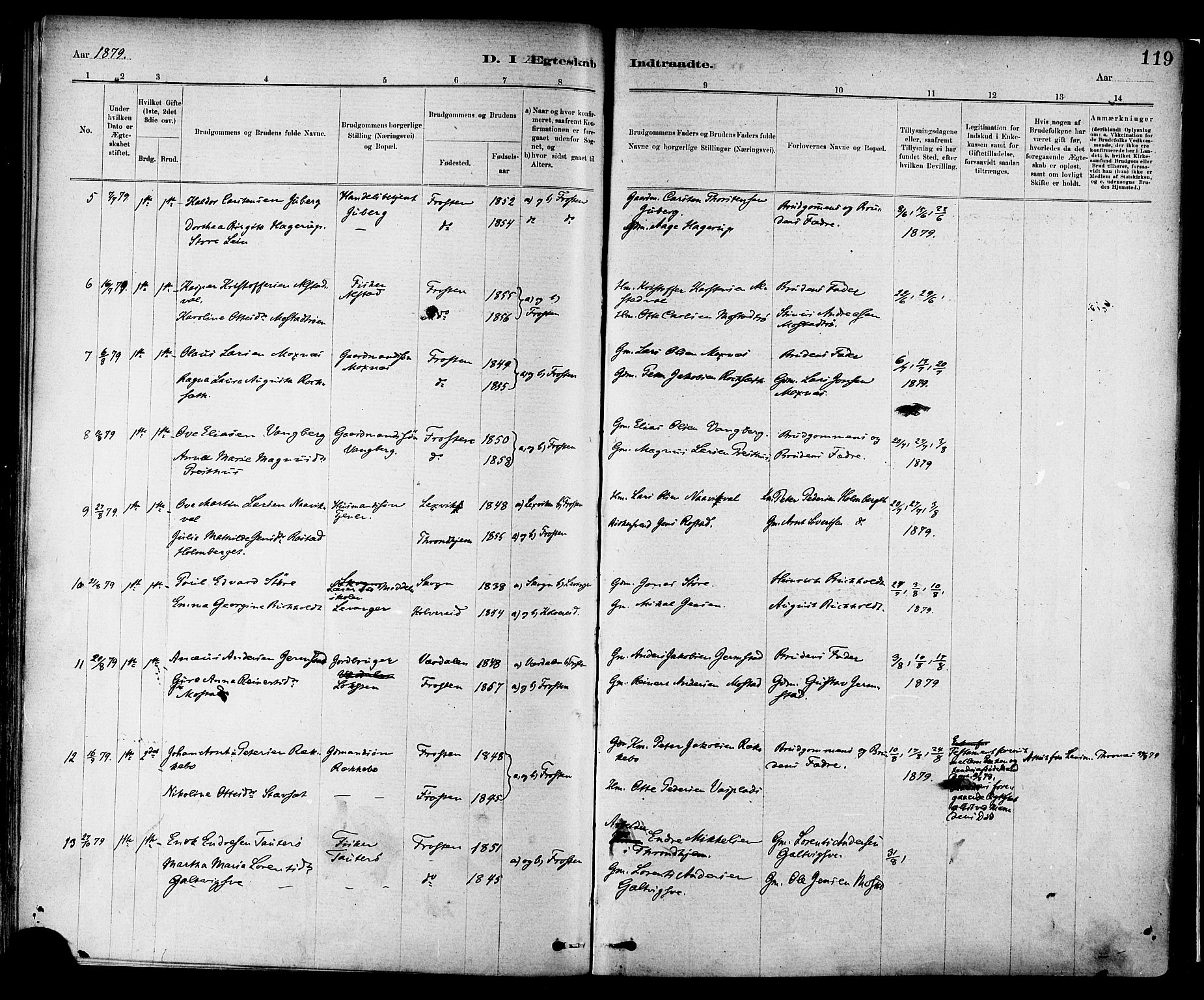 Ministerialprotokoller, klokkerbøker og fødselsregistre - Nord-Trøndelag, AV/SAT-A-1458/713/L0120: Parish register (official) no. 713A09, 1878-1887, p. 119