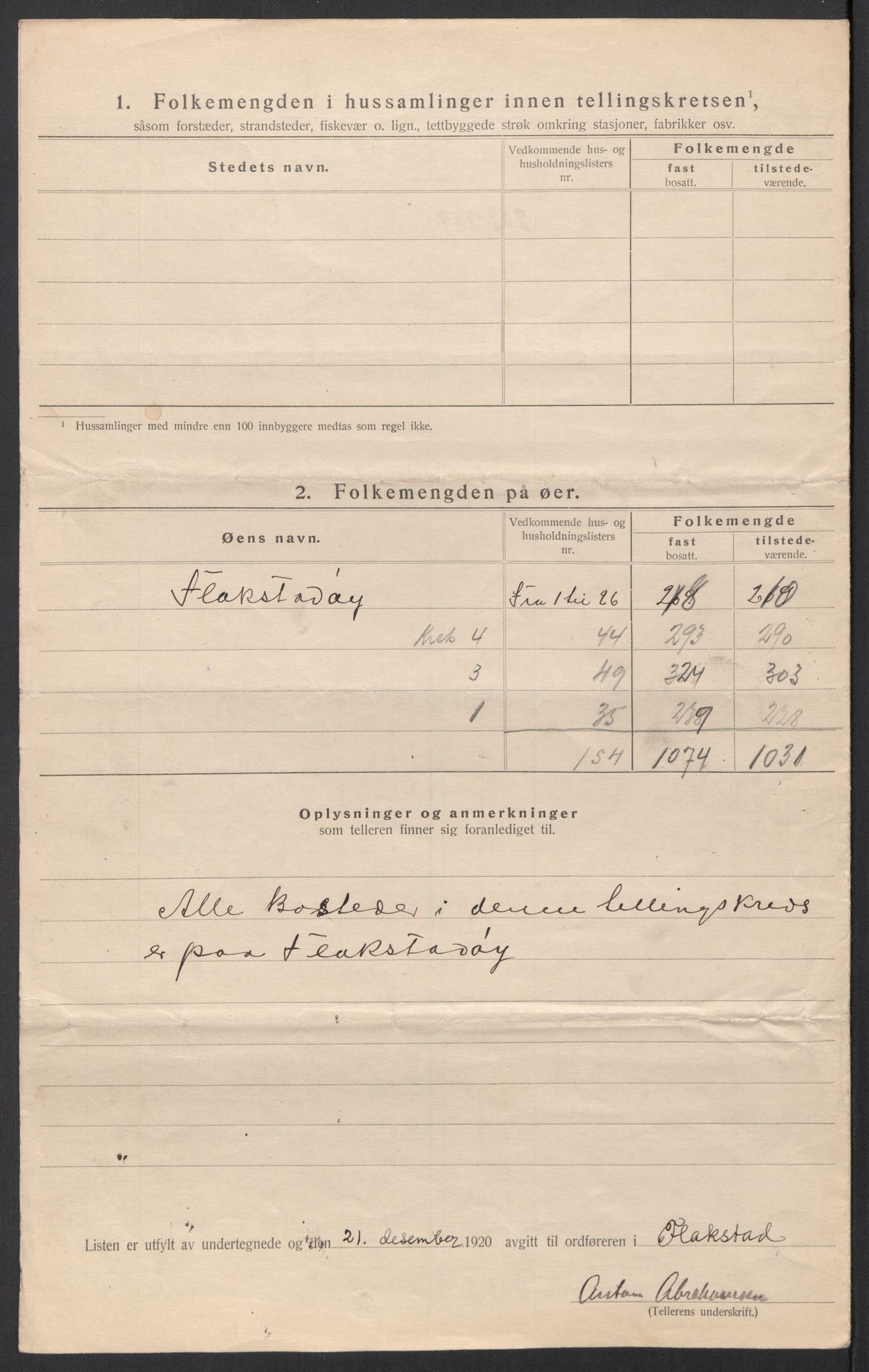 SAT, 1920 census for Flakstad, 1920, p. 22