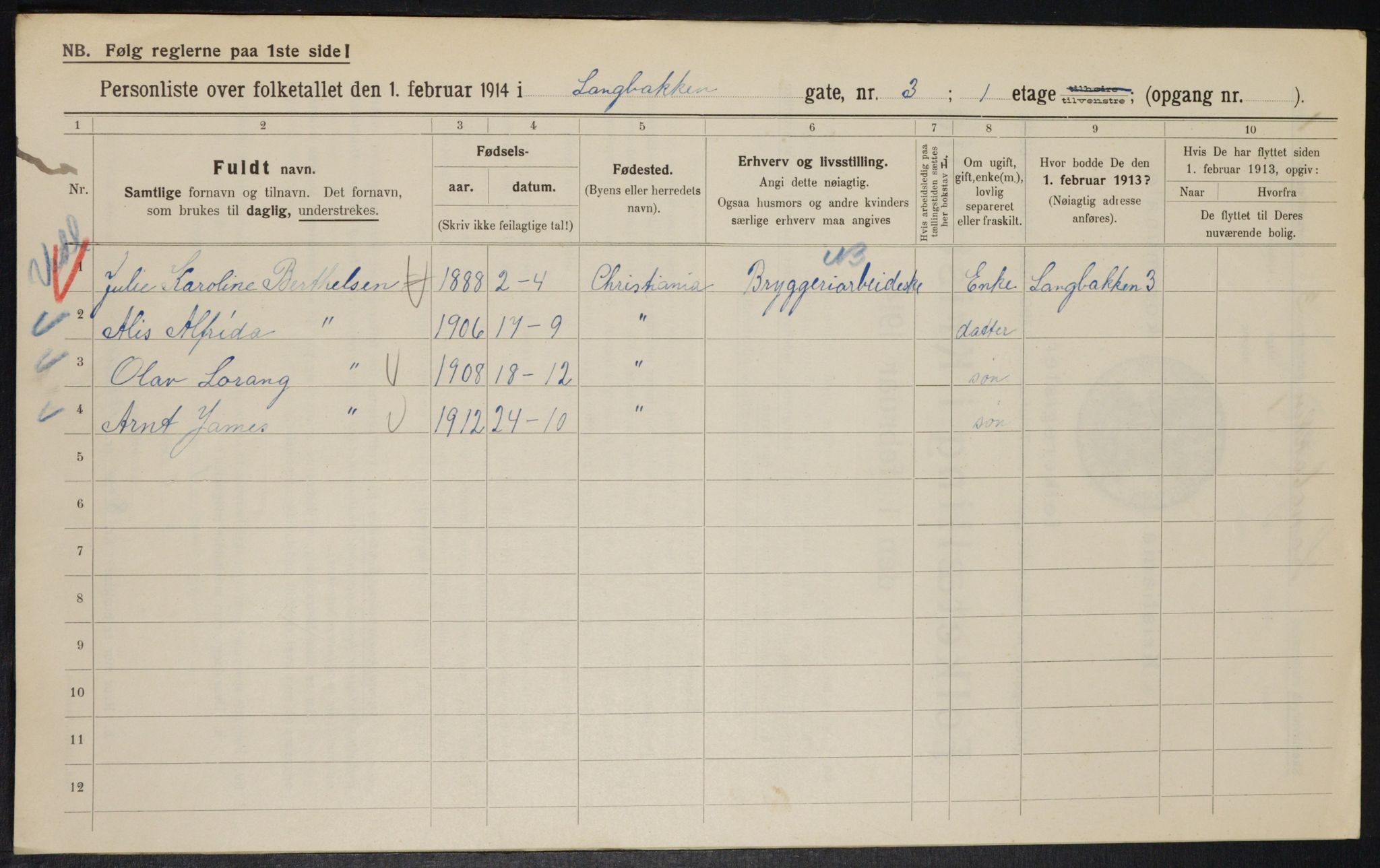 OBA, Municipal Census 1914 for Kristiania, 1914, p. 56232