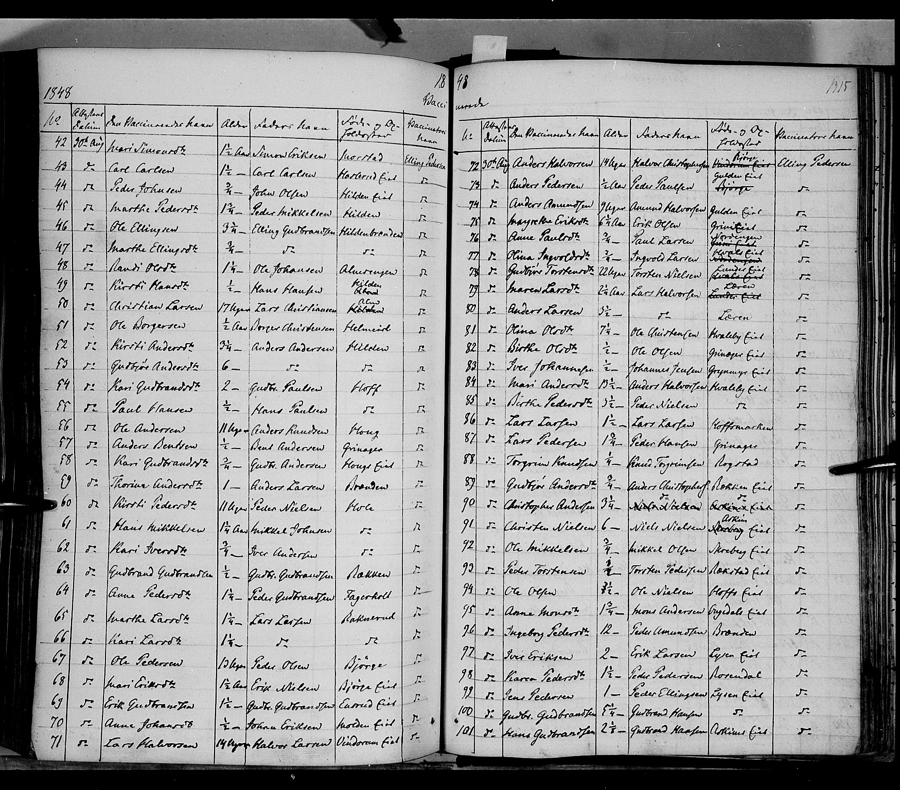 Gran prestekontor, SAH/PREST-112/H/Ha/Haa/L0011: Parish register (official) no. 11, 1842-1856, p. 1314-1315