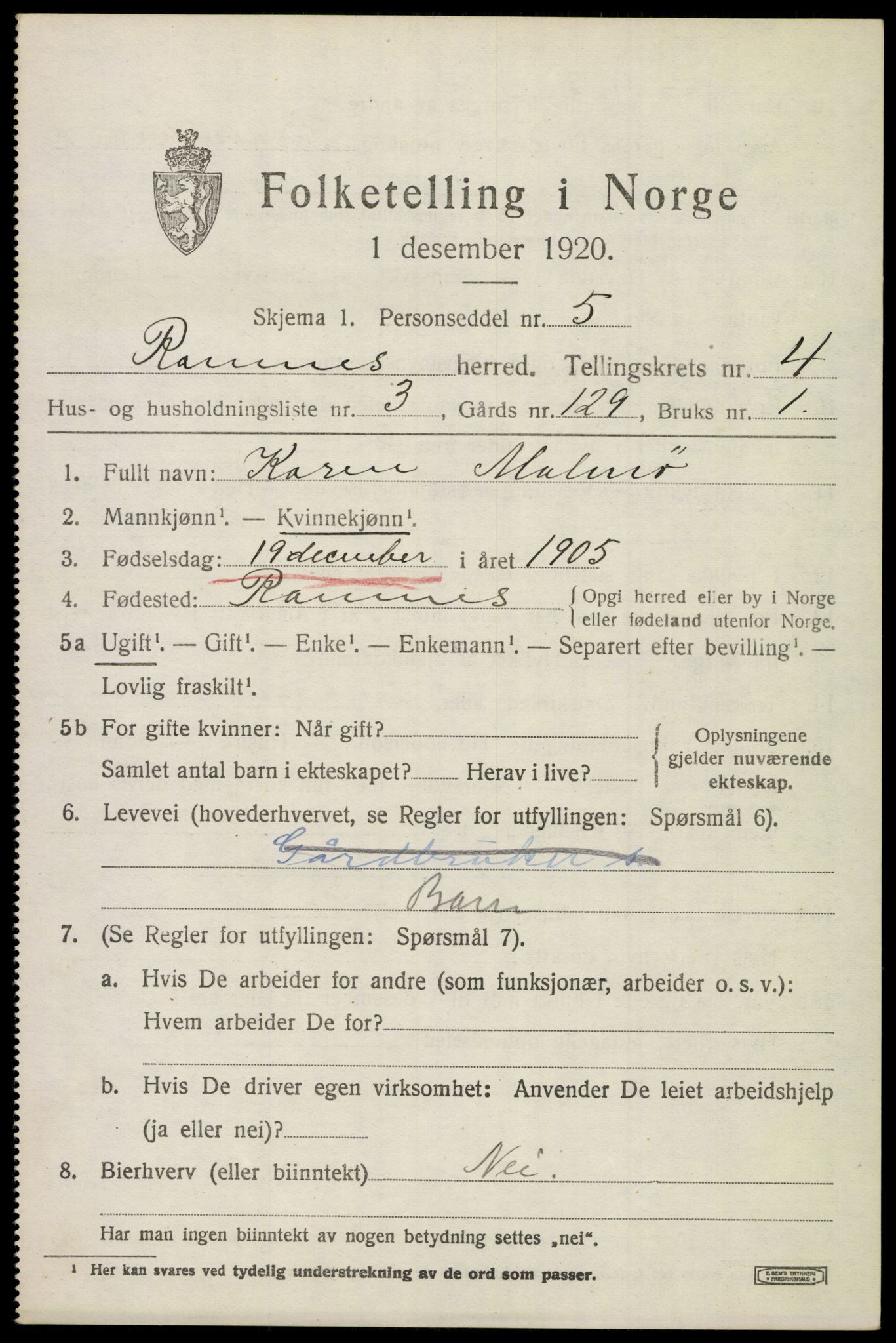 SAKO, 1920 census for Ramnes, 1920, p. 4352