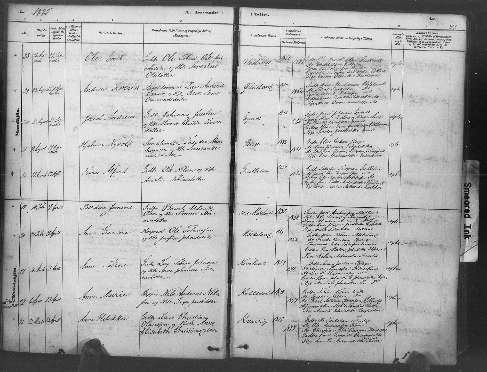 Lyngdal sokneprestkontor, AV/SAK-1111-0029/F/Fa/Fac/L0011: Parish register (official) no. A 11, 1878-1893, p. 45