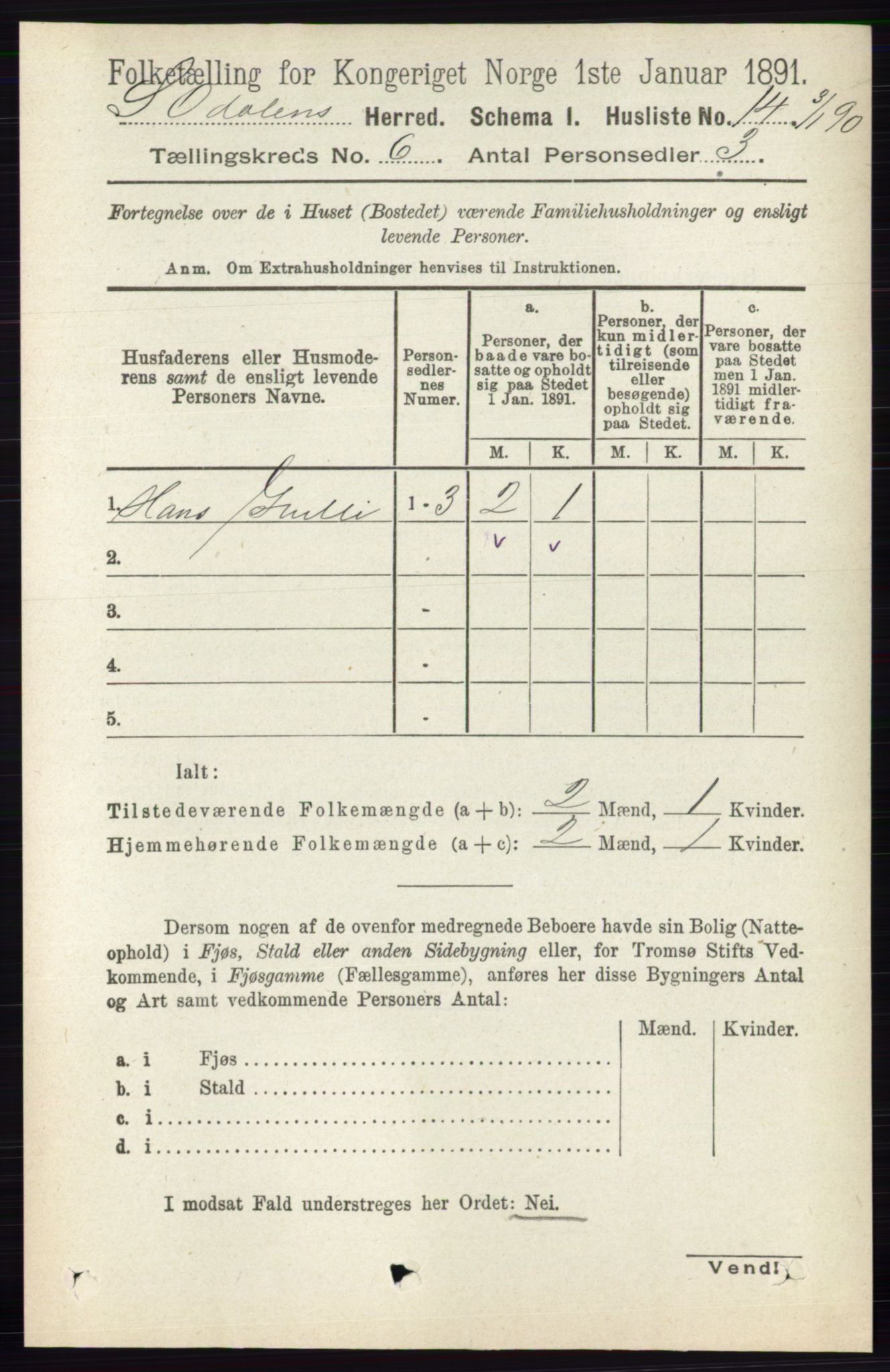 RA, 1891 census for 0419 Sør-Odal, 1891, p. 2700