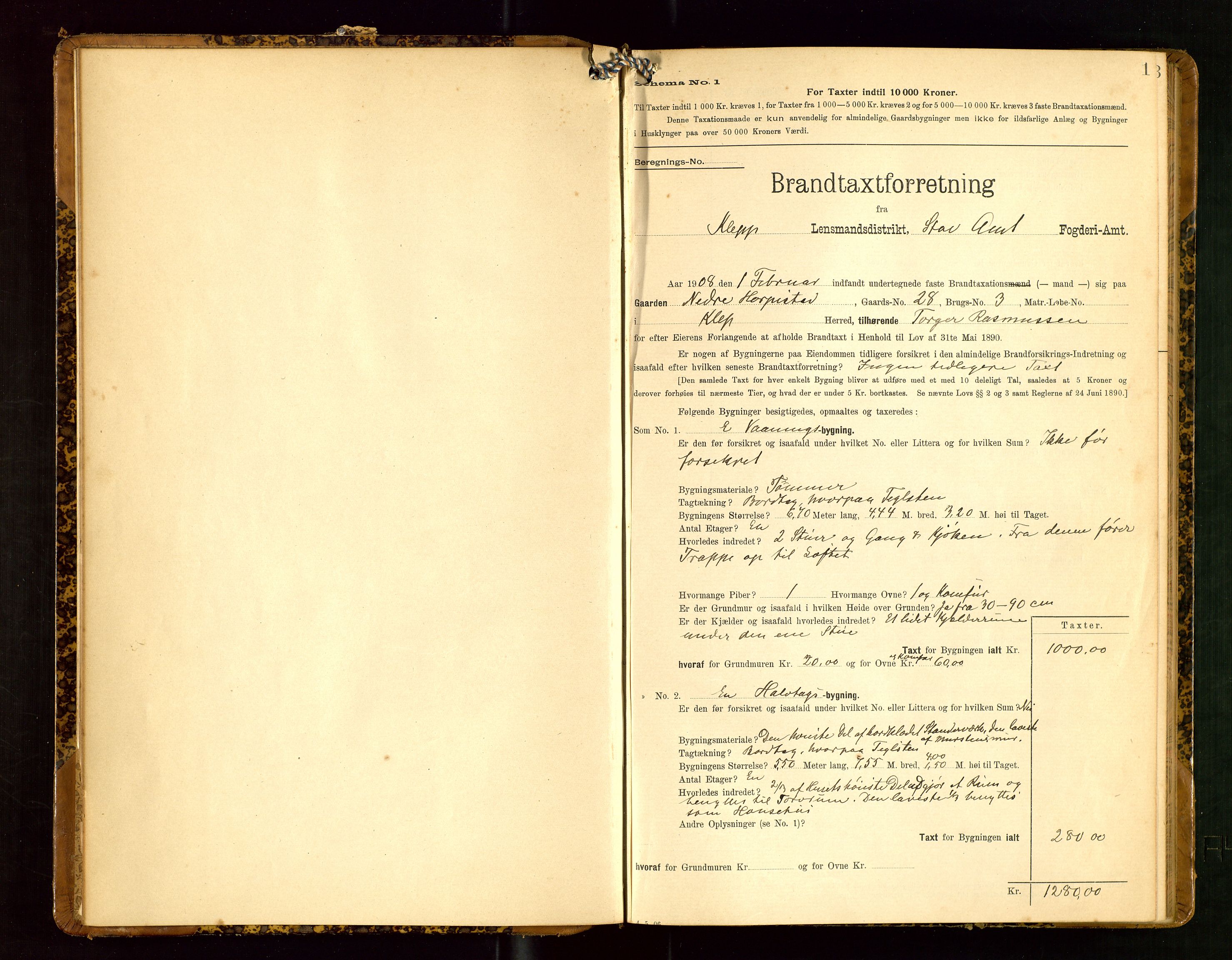 Klepp lensmannskontor, SAST/A-100163/Goc/L0005: "Brandtaxationsprotokol" m/register, 1908, p. 1