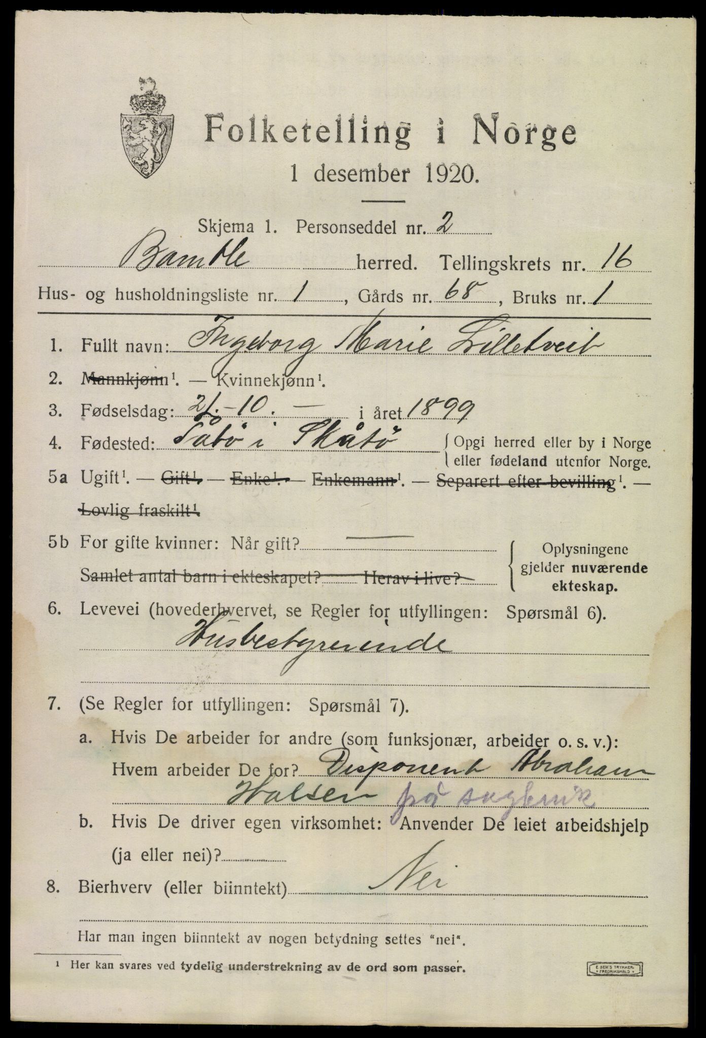 SAKO, 1920 census for Bamble, 1920, p. 11119