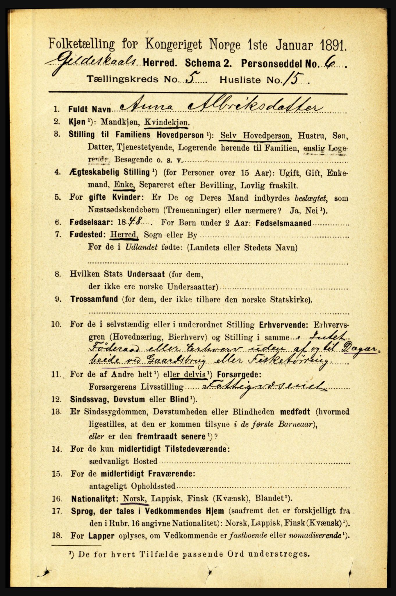 RA, 1891 census for 1838 Gildeskål, 1891, p. 1664