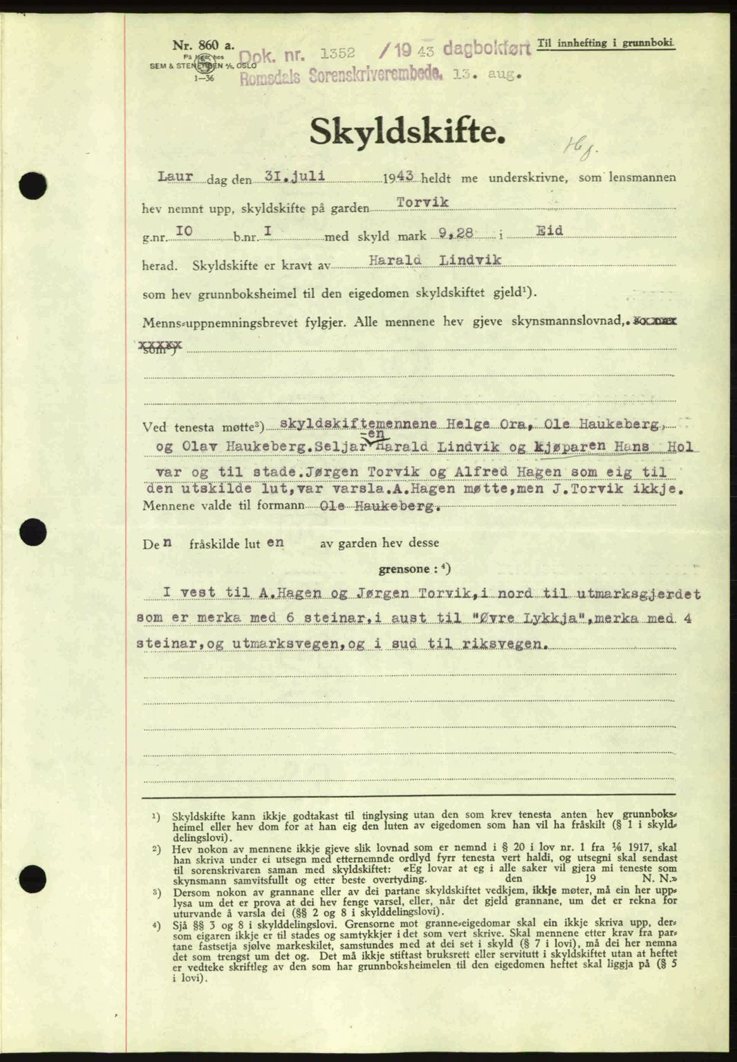 Romsdal sorenskriveri, AV/SAT-A-4149/1/2/2C: Mortgage book no. A14, 1943-1943, Diary no: : 1352/1943