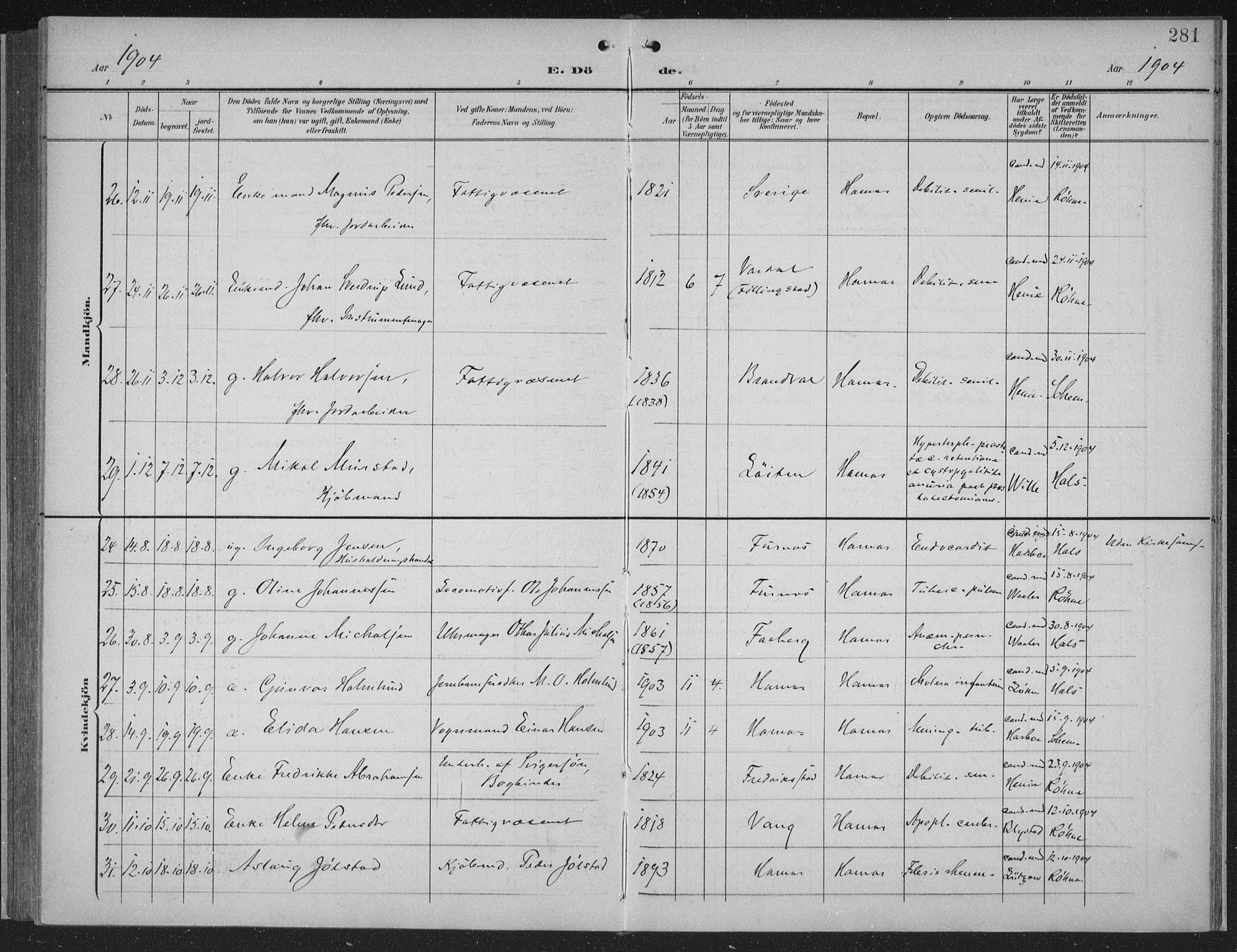 Hamar prestekontor, AV/SAH-DOMPH-002/H/Ha/Haa/L0001: Parish register (official) no. 1, 1900-1914, p. 281