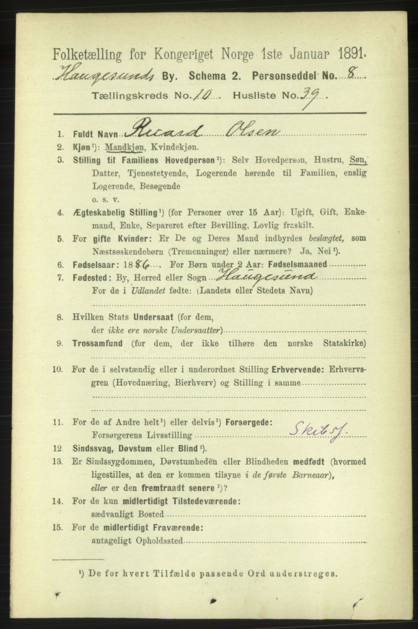 RA, 1891 census for 1106 Haugesund, 1891, p. 3940