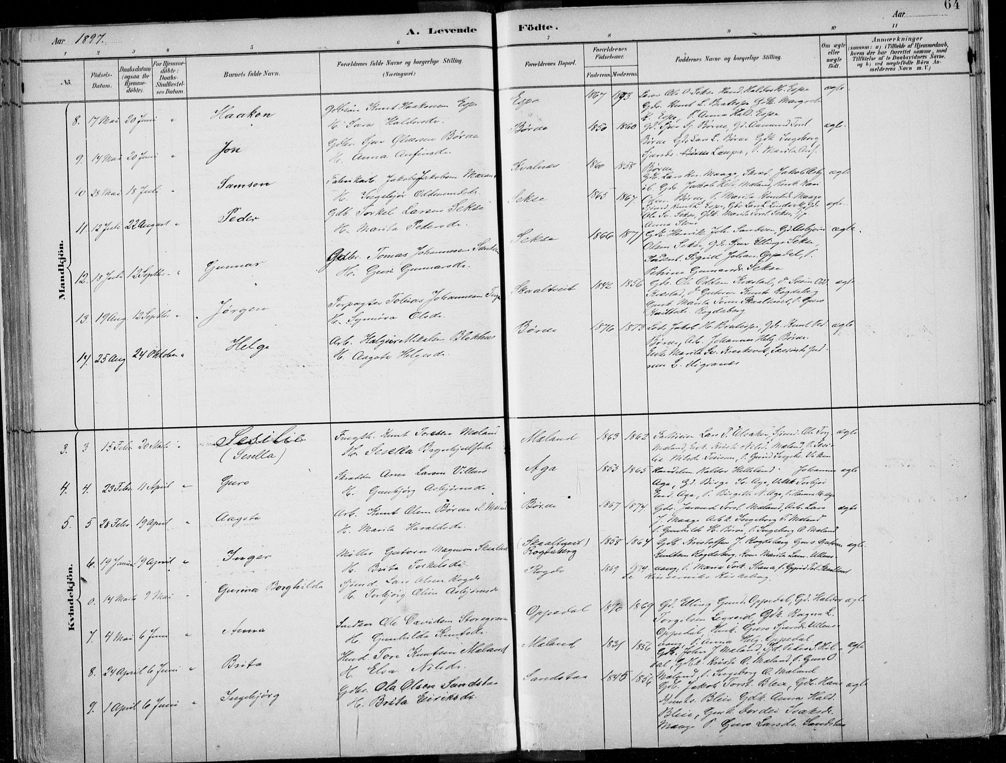 Ullensvang sokneprestembete, AV/SAB-A-78701/H/Haa: Parish register (official) no. B  1, 1882-1918, p. 64