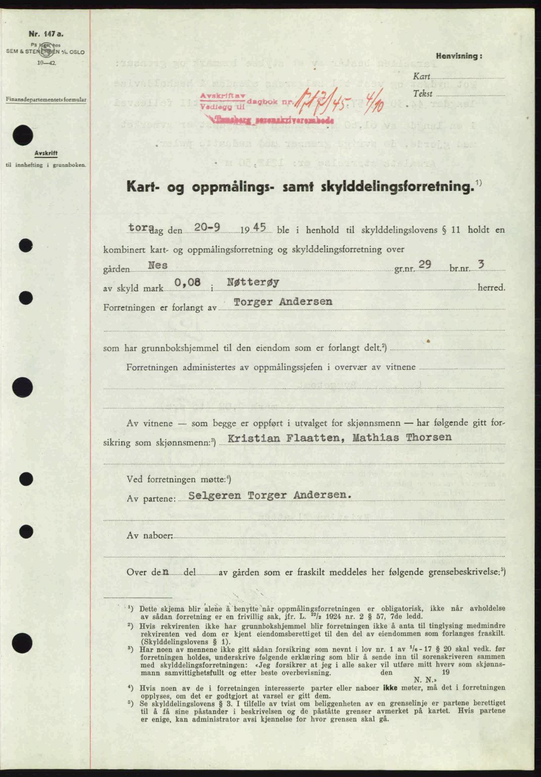 Tønsberg sorenskriveri, AV/SAKO-A-130/G/Ga/Gaa/L0017a: Mortgage book no. A17a, 1945-1945, Diary no: : 1717/1945